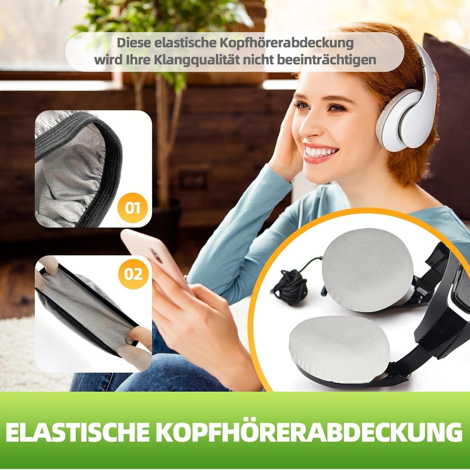 Frau mit Kopfhörern, Handy und Kopfhörerbezügen. Nahaufnahmen zeigen elastische Bezüge.