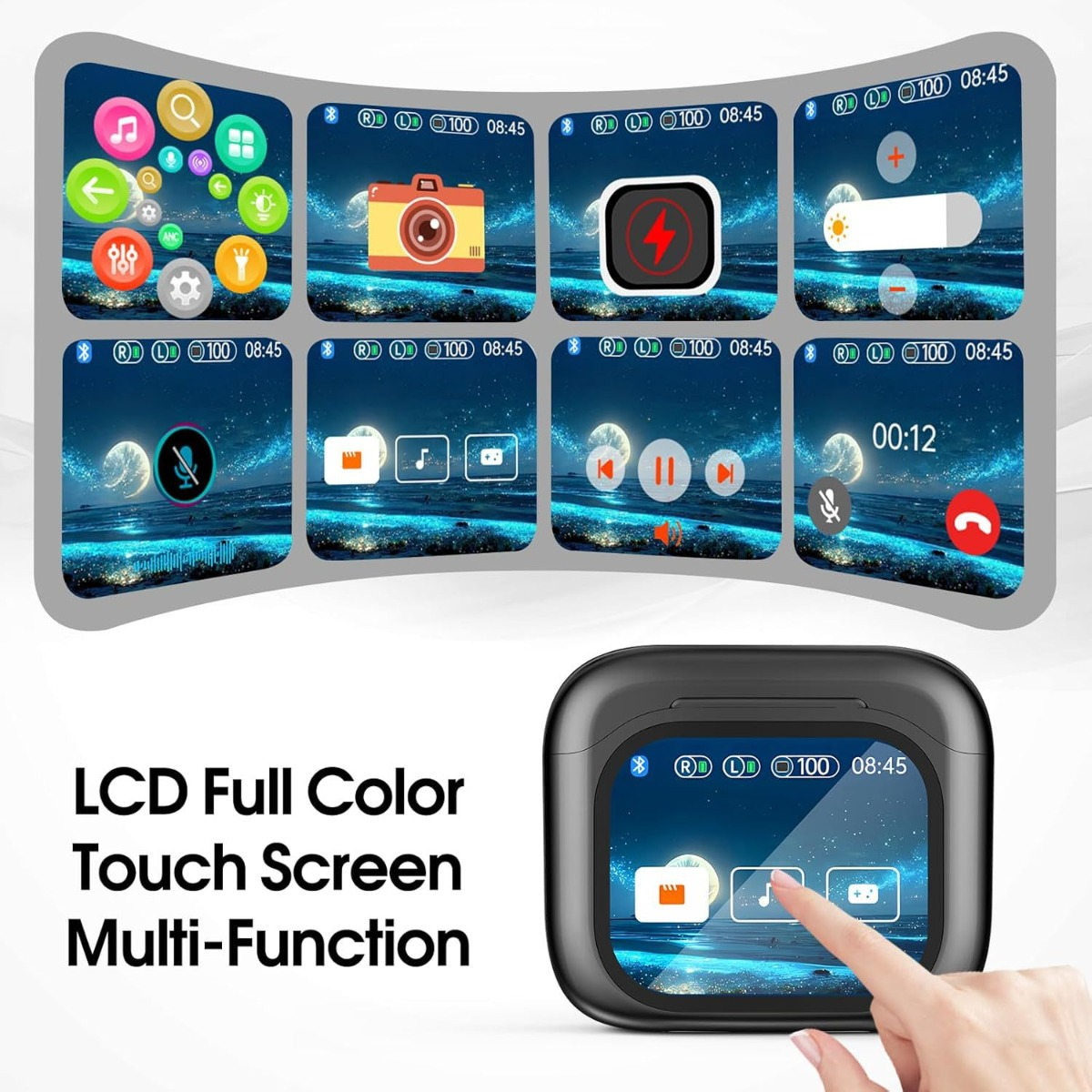 Ein Touchscreen mit vielen Symbolen und ein Ladecase mit einem Finger, der ihn bedient.