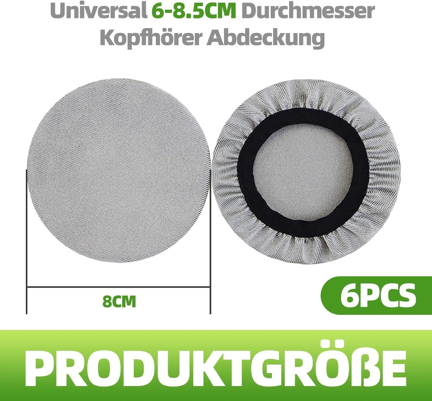 Zwei graue Kopfhörerabdeckungen, eine flach und eine aufgesetzt, 8cm.