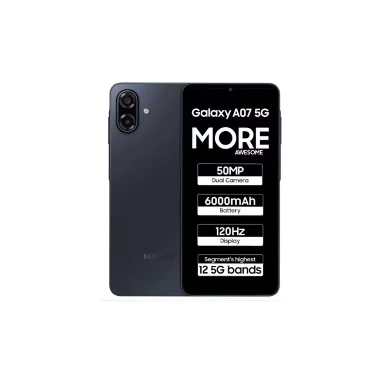 50MP çift kameralı, 6000mAh bataryalı, 120Hz koyu gri Samsung Galaxy A07 5G.