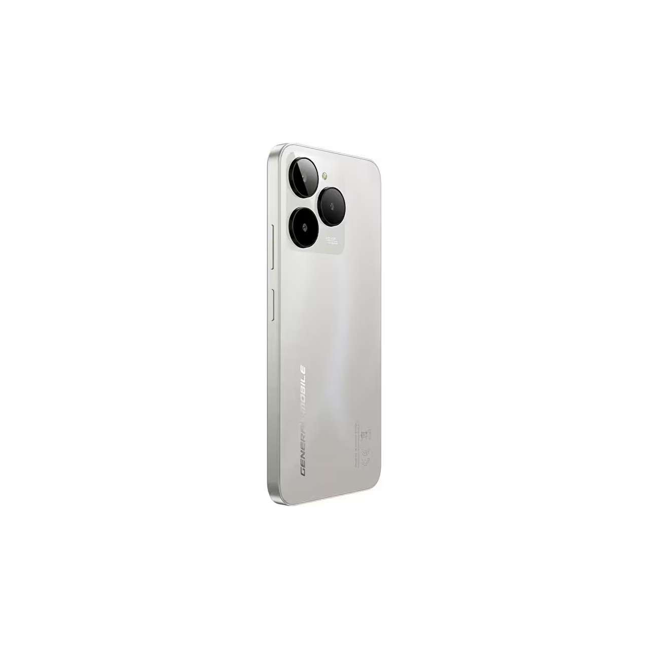 Arkada üç kamerası olan gümüş rengi bir akıllı telefon.