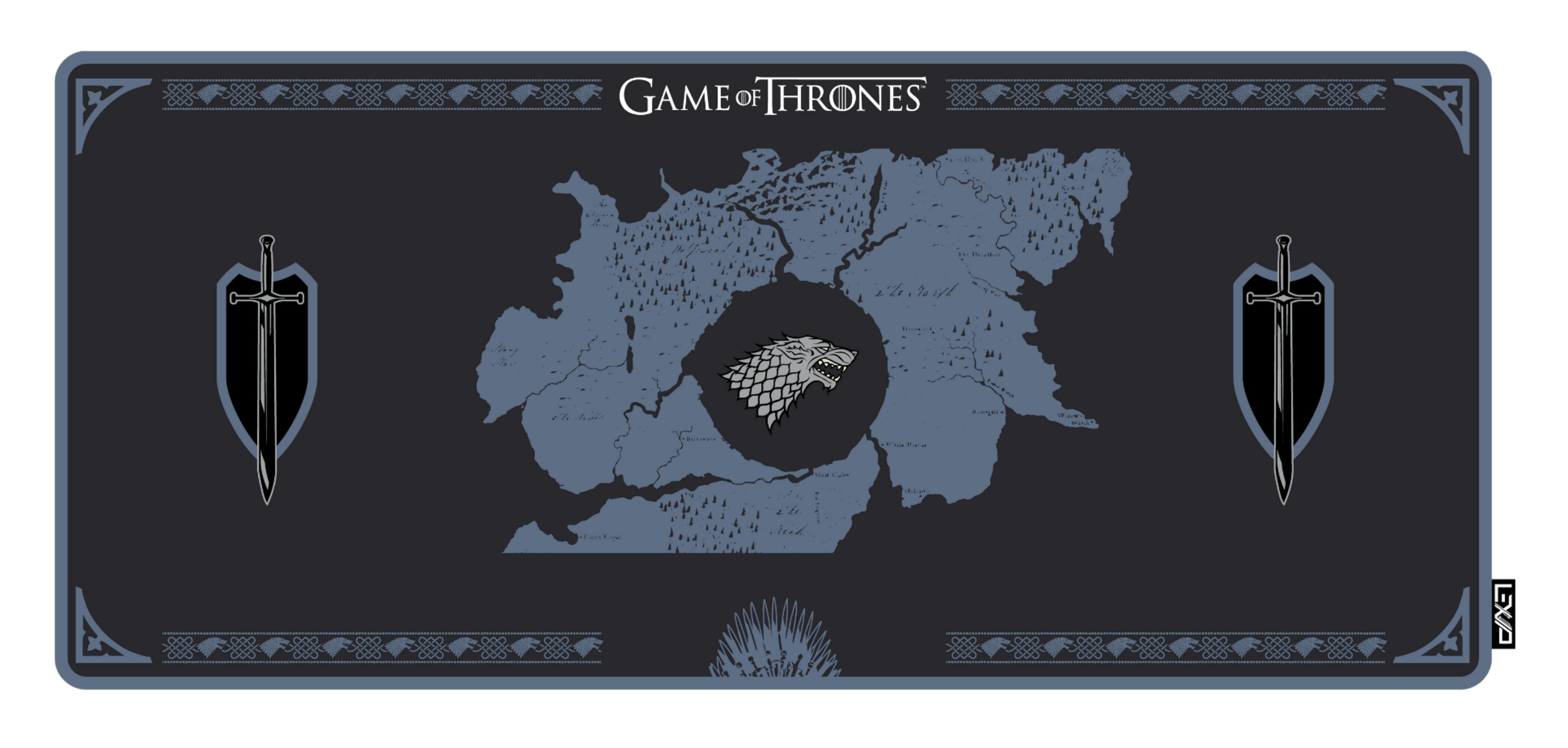 Mappa del Trono di Spade con stemma di lupo, spade e bordi decorativi.