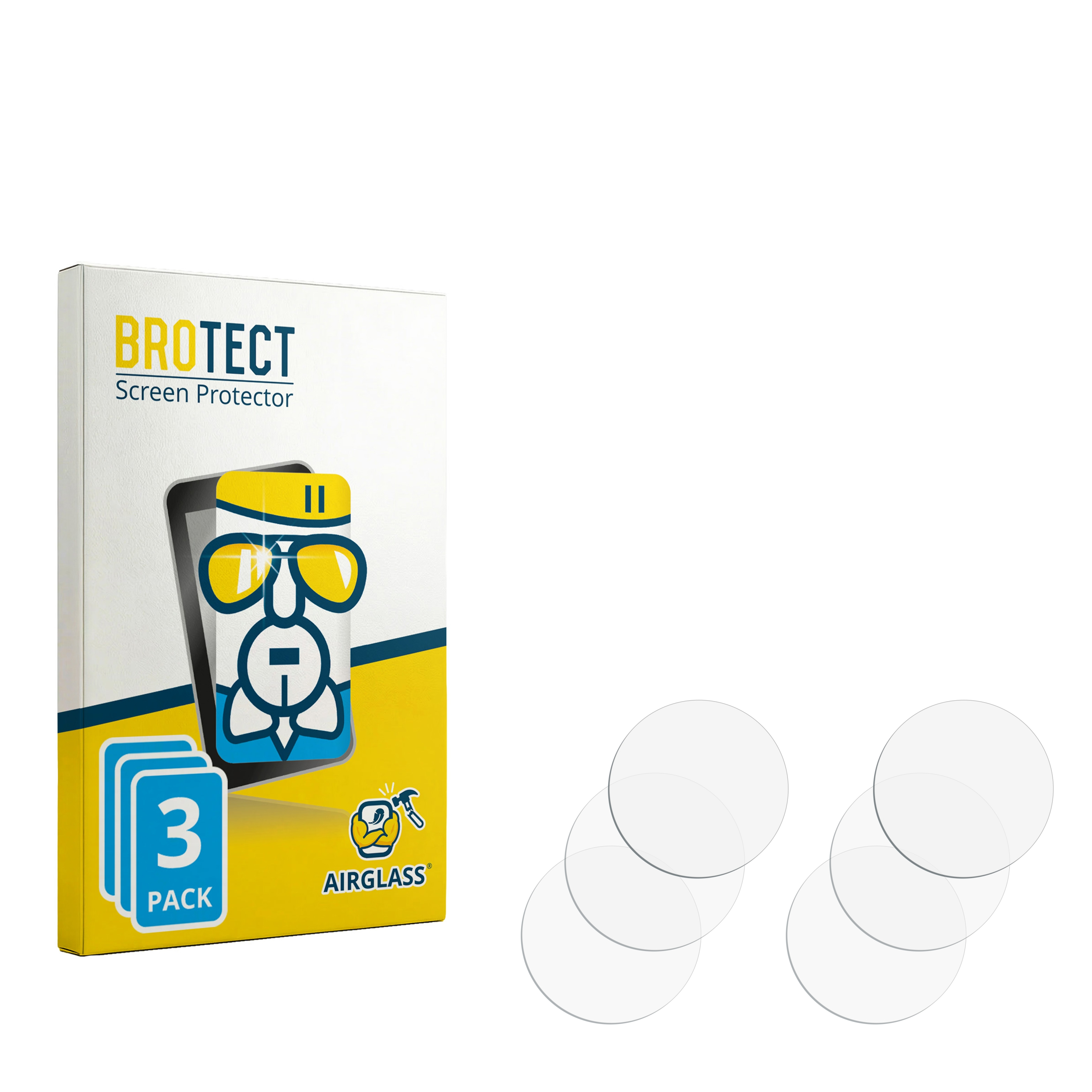 BROTECT Displayschutzfolie 3er Pack Schachtel und vier runde klare Displayschutzfolien.