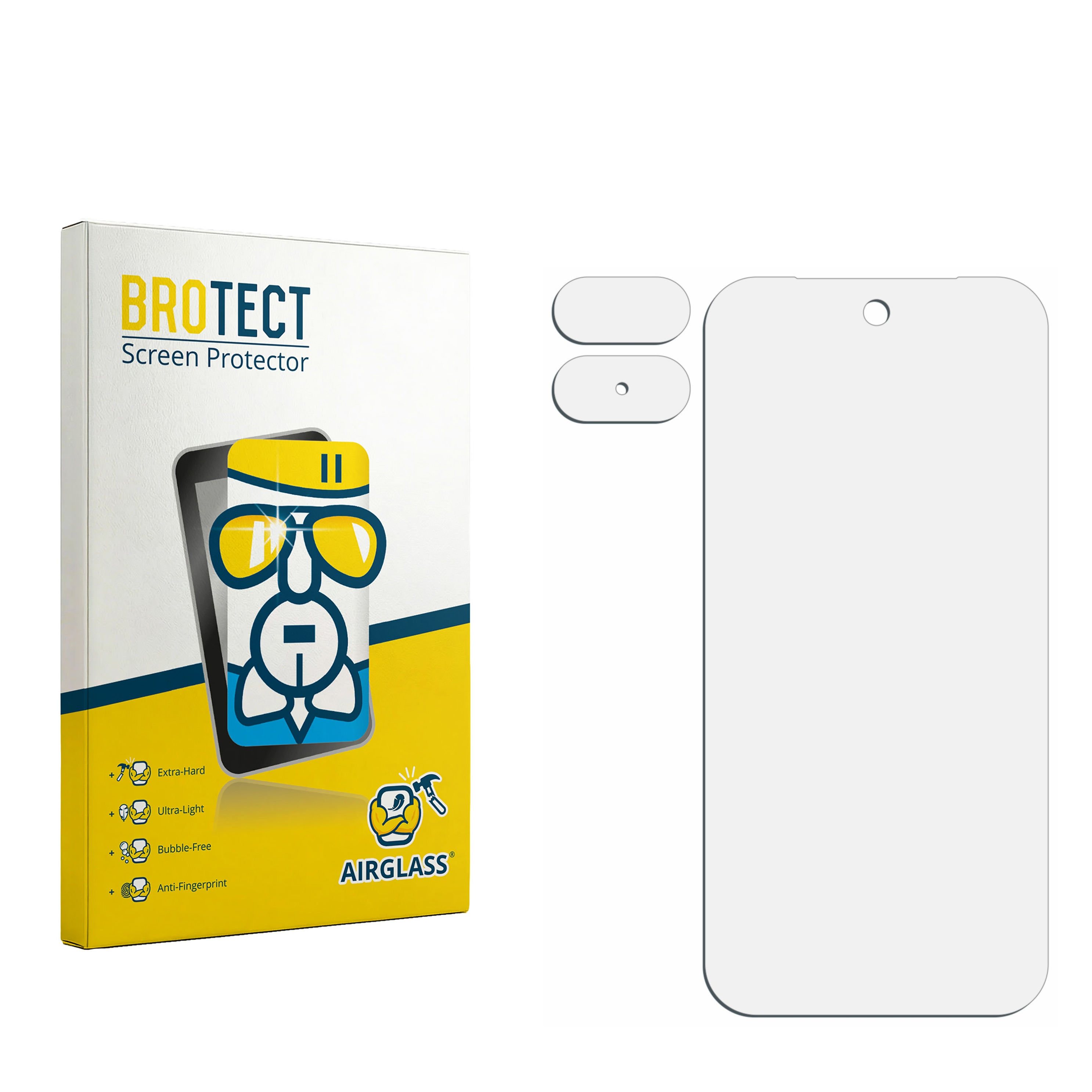 Verpackung und Displayschutzfolie für ein Smartphone, weiße Oberflächen.