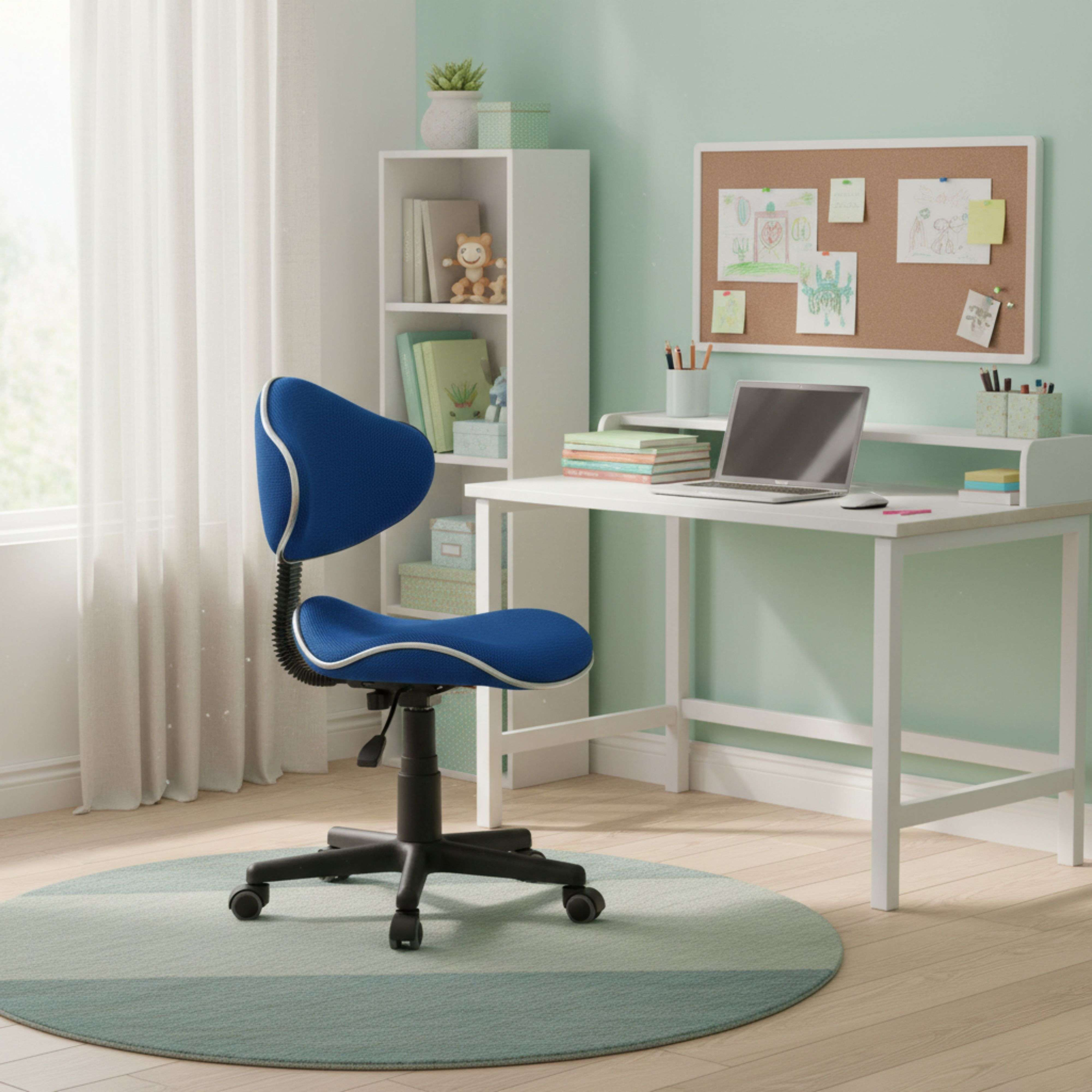 Una silla de oficina azul frente a un escritorio con laptop y estantería.