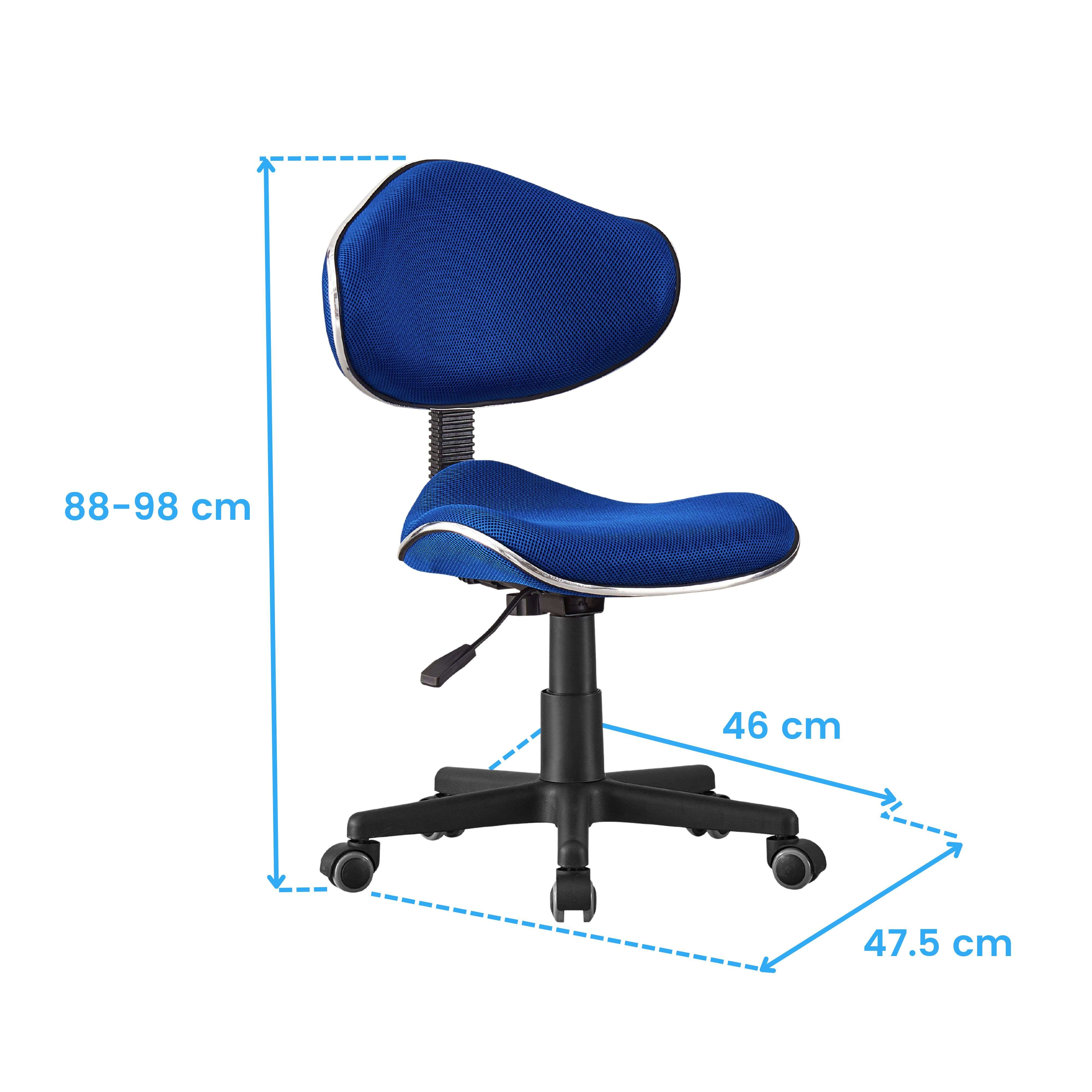 Una silla de oficina azul con ruedas y altura ajustable, medidas 88-98x46x47,5 cm.