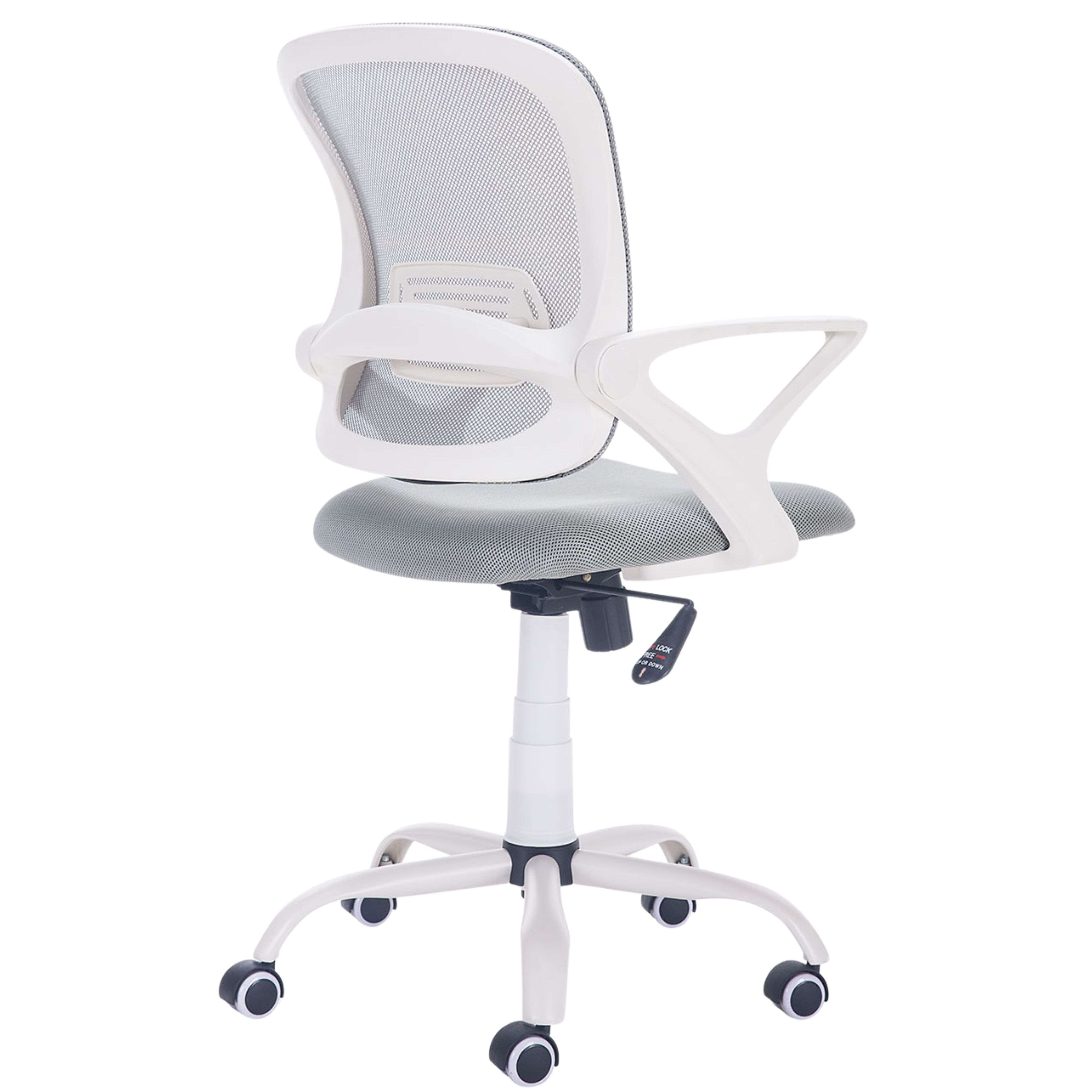 Una silla de oficina blanca con respaldo de malla y asiento gris, con ruedas.