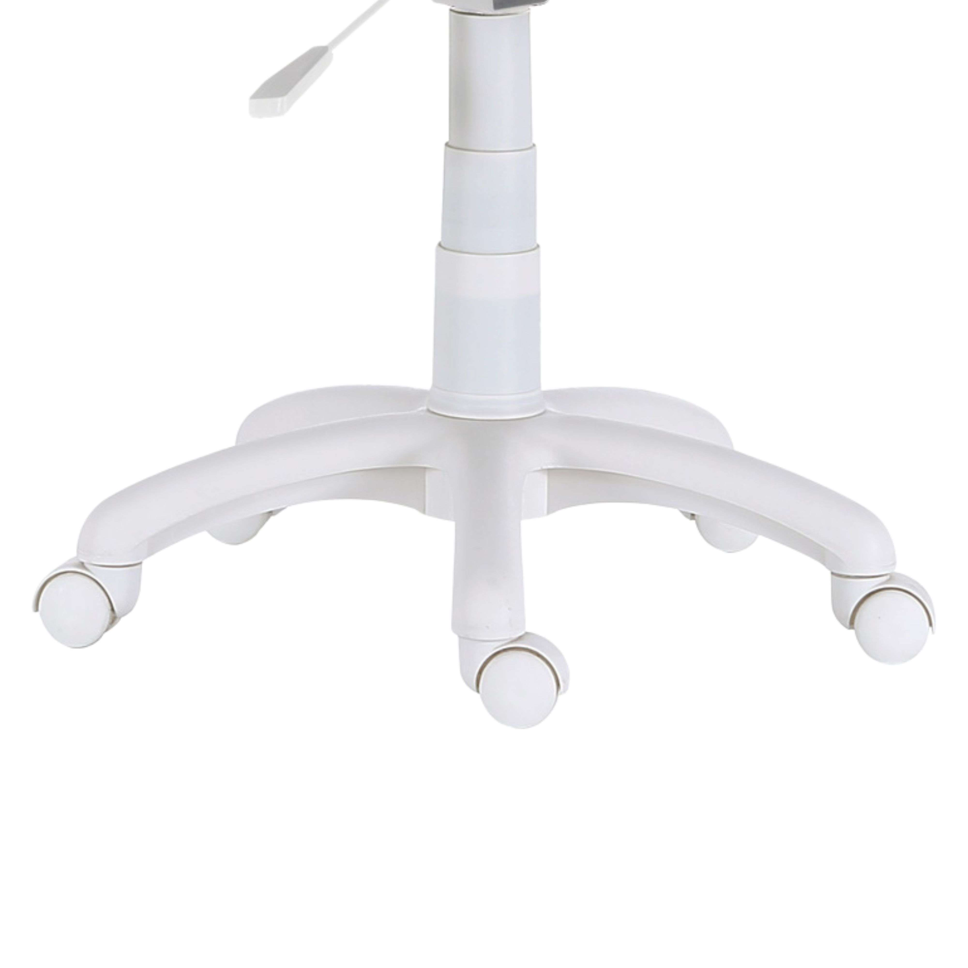 Base de silla blanca con cinco ruedas y cilindro de elevación.