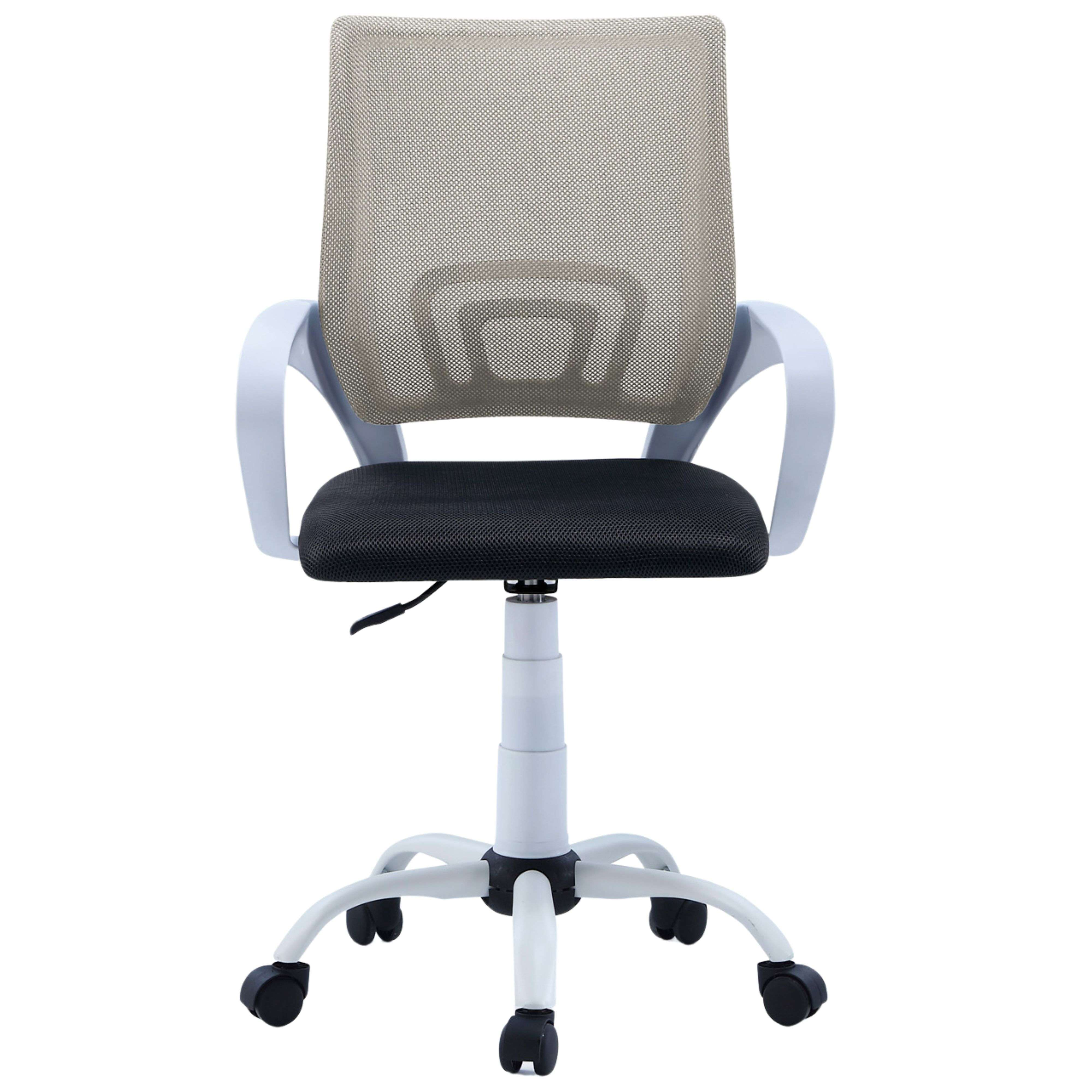 Silla de oficina blanca con respaldo de malla y asiento negro, con ruedas.