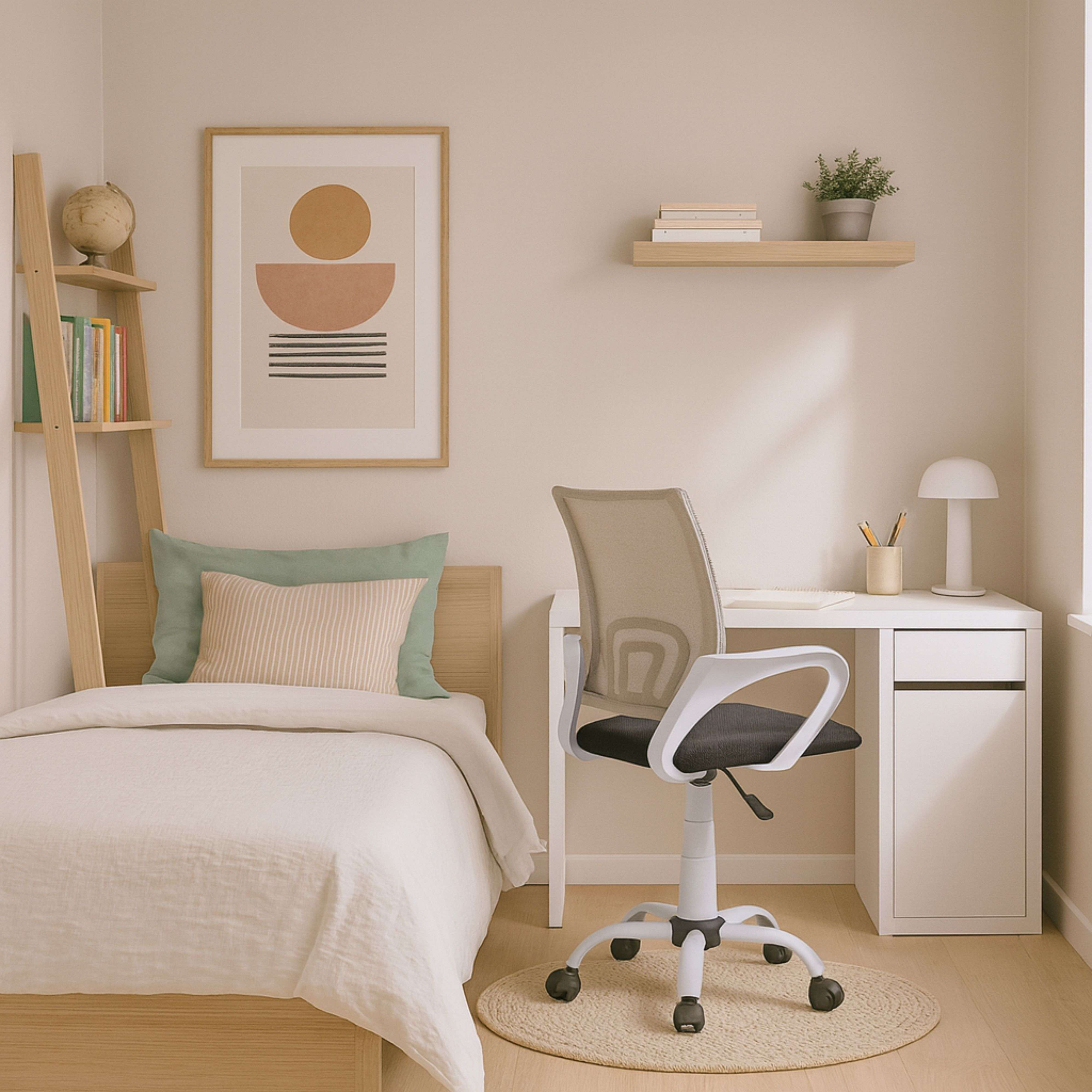 Un dormitorio con cama, escritorio, silla y estantería.