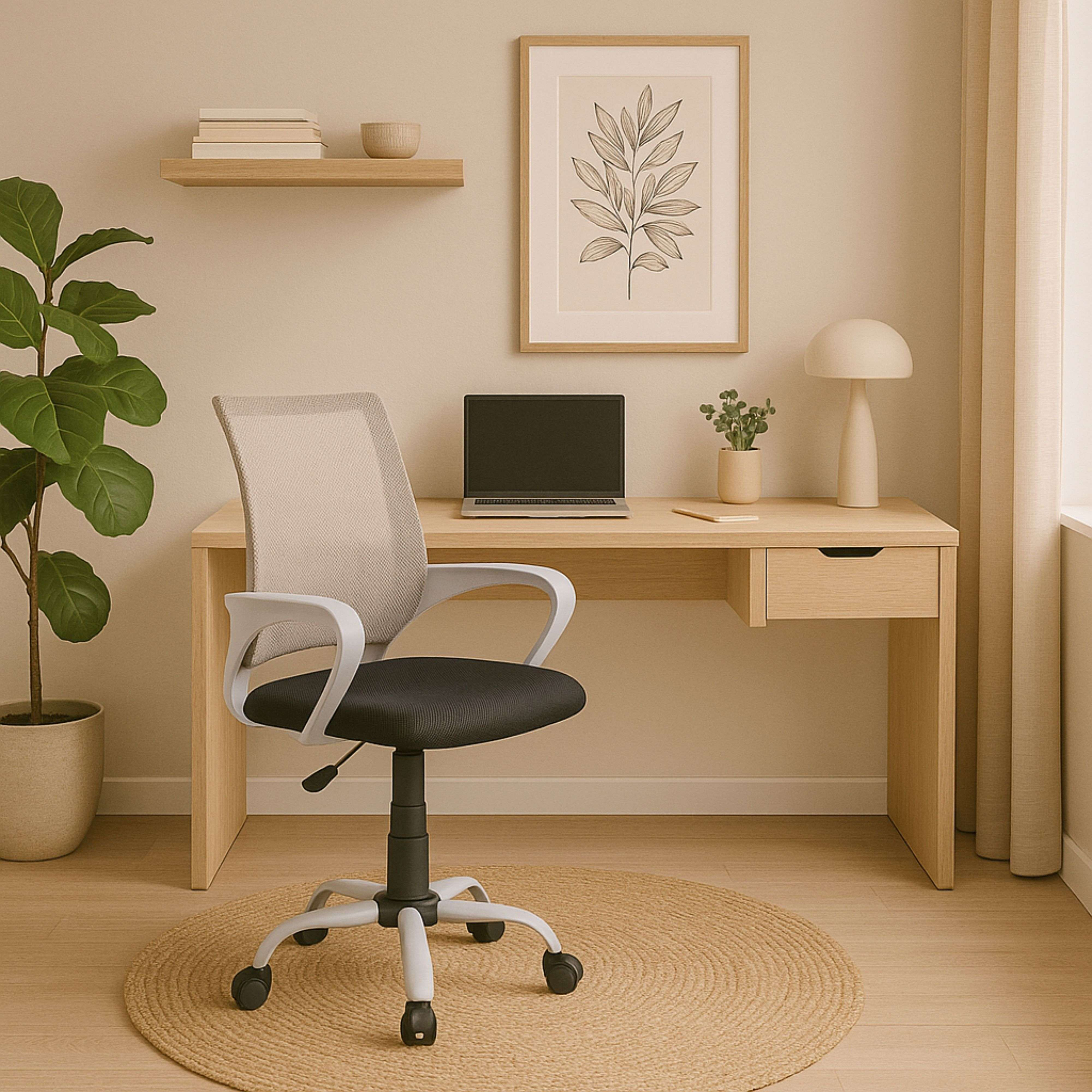 Un escritorio de madera clara con portátil, lámpara, planta y silla de oficina.