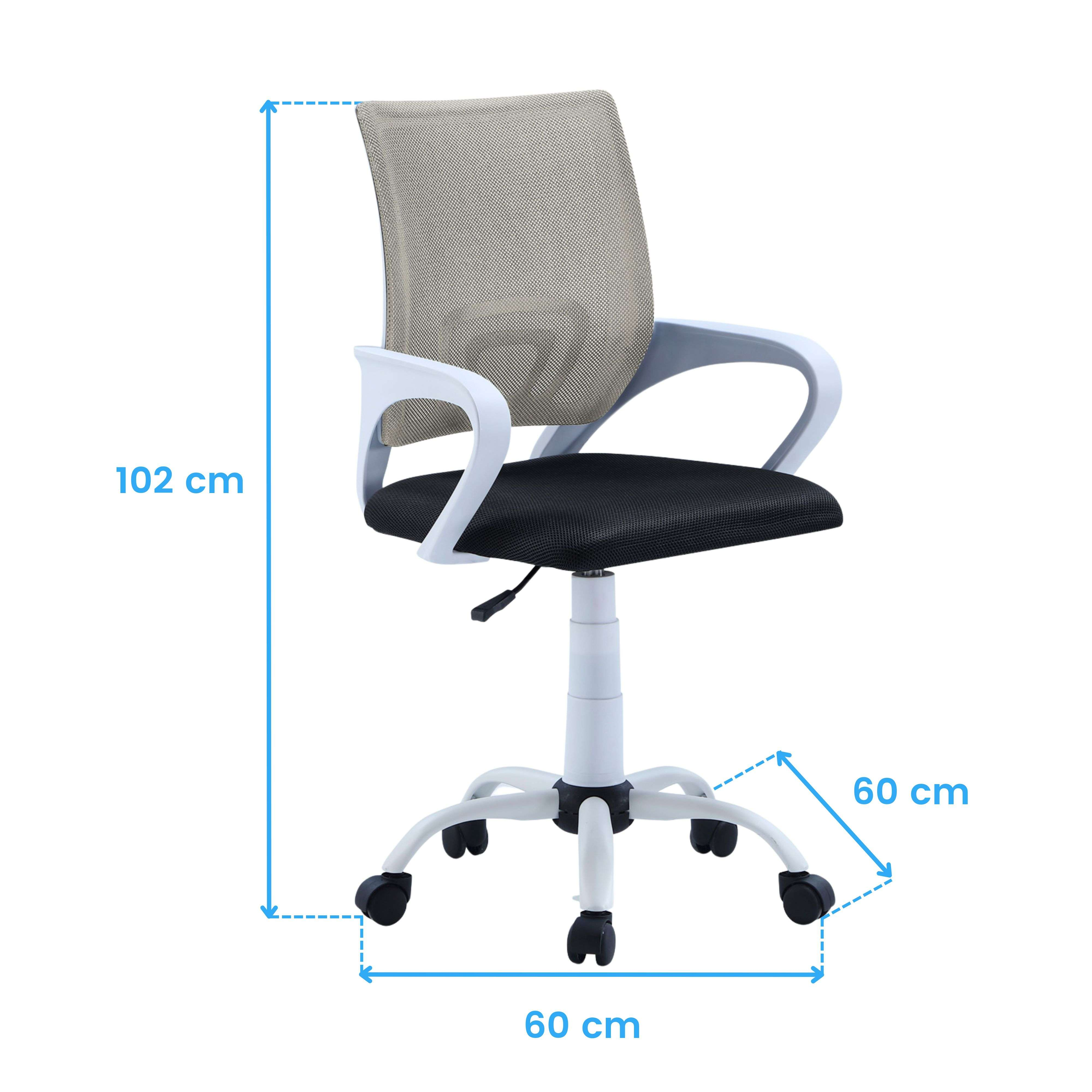 Silla de oficina con respaldo de malla, asiento negro, reposabrazos blancos y base blanca con ruedas.