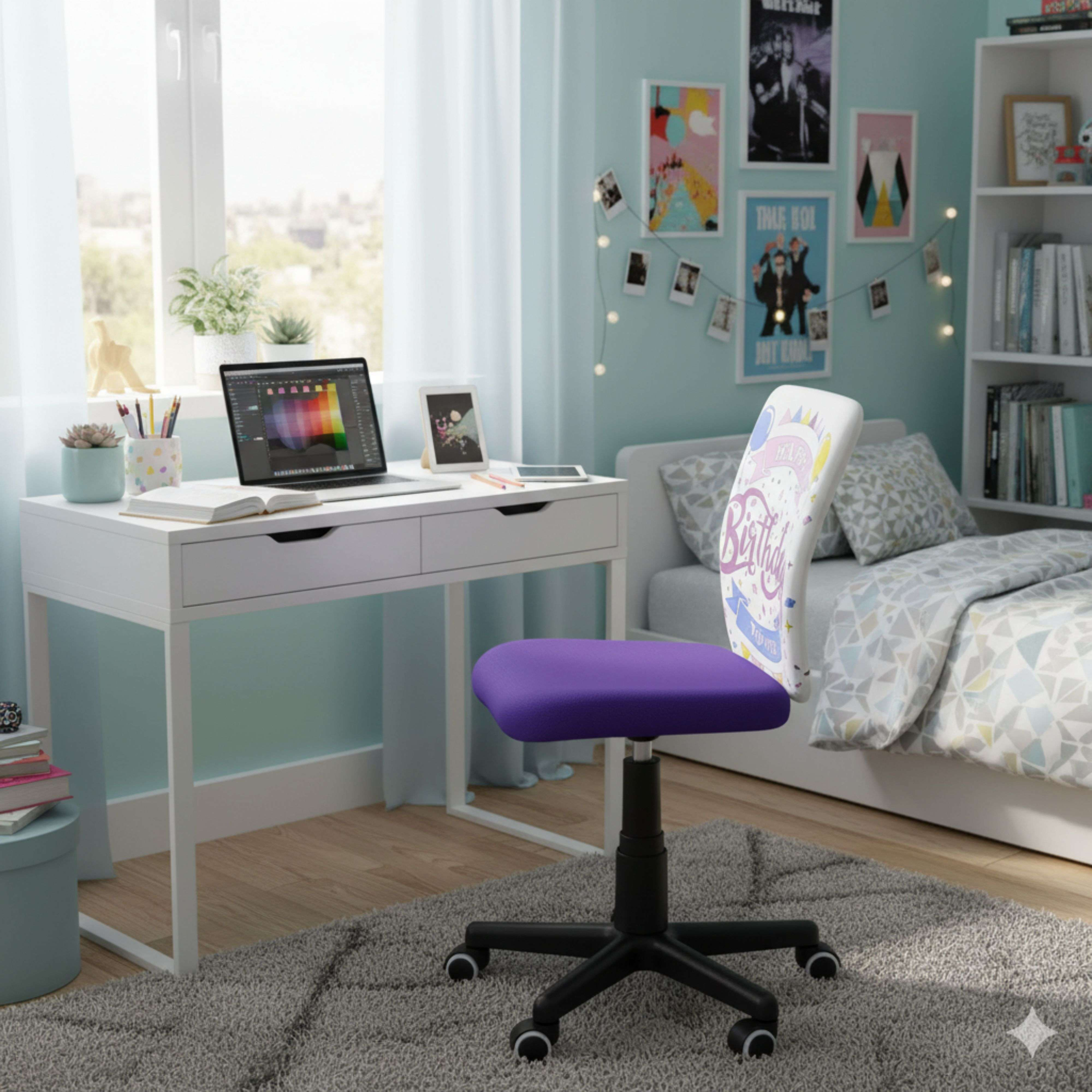Una silla de escritorio morada se sienta frente a un escritorio con portátil y libros.