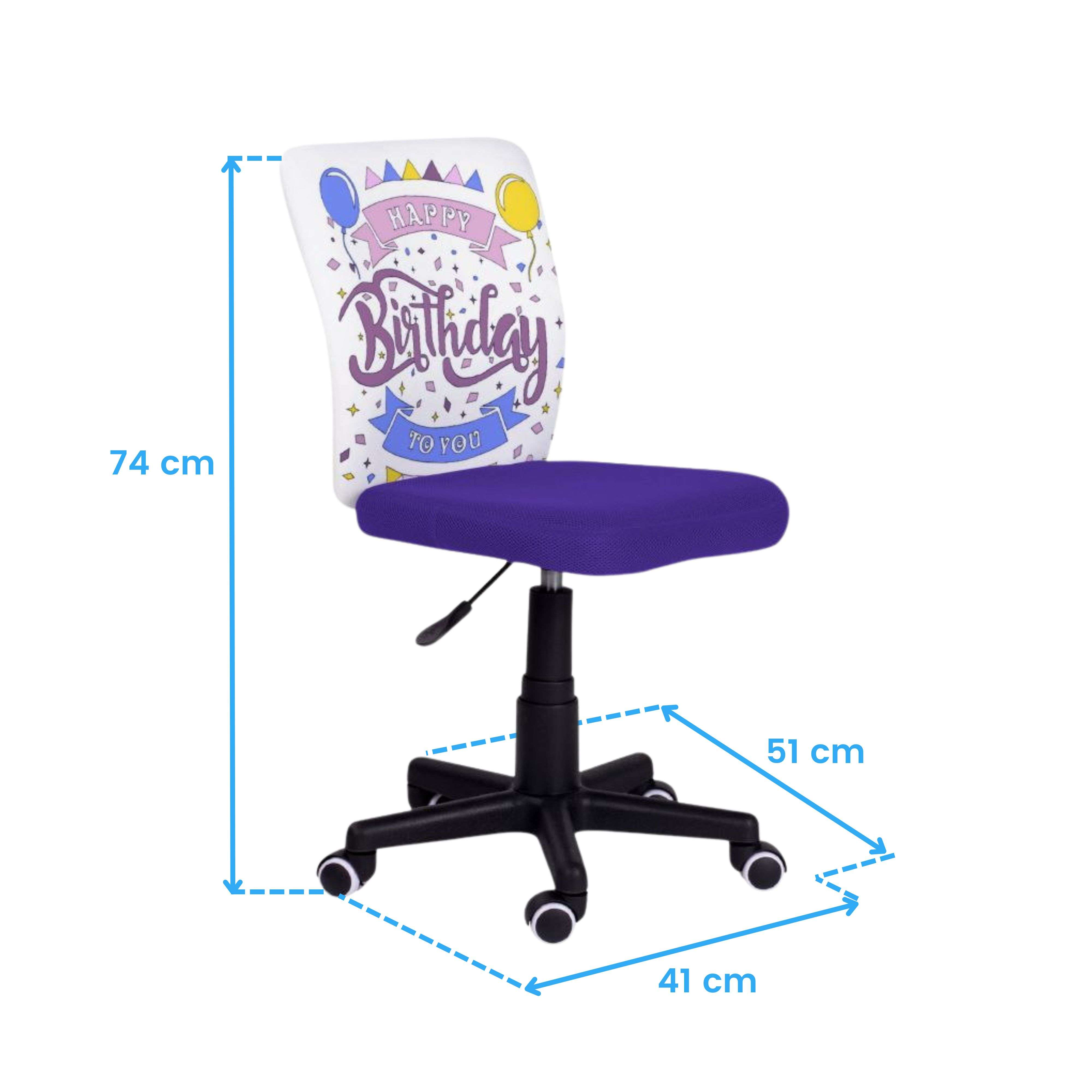 Una silla de oficina morada con diseño de cumpleaños y medidas.