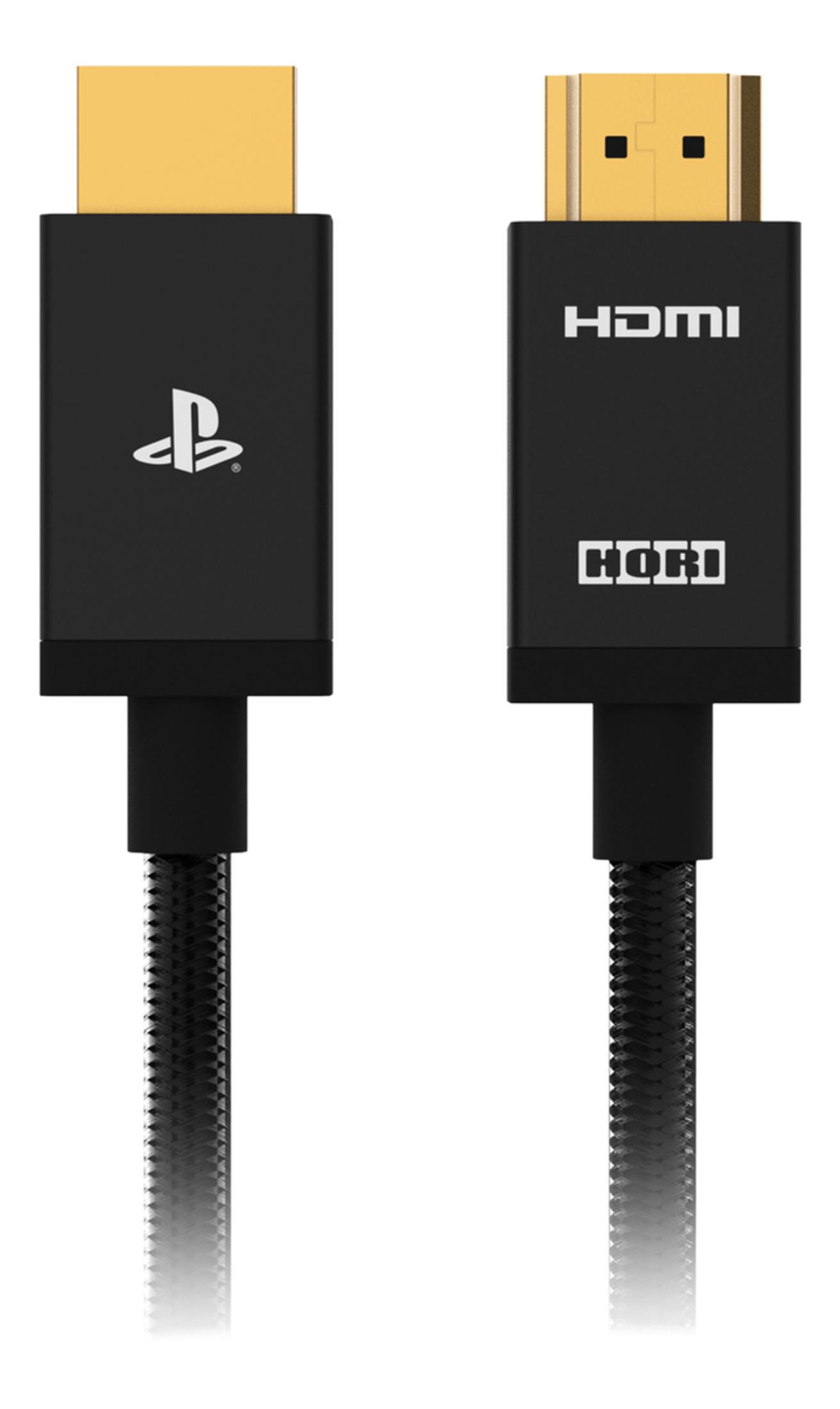 Zwei schwarze HDMI-Kabel mit goldenen Steckern. Eines hat ein PlayStation-Logo, das andere HDMI und HORI.