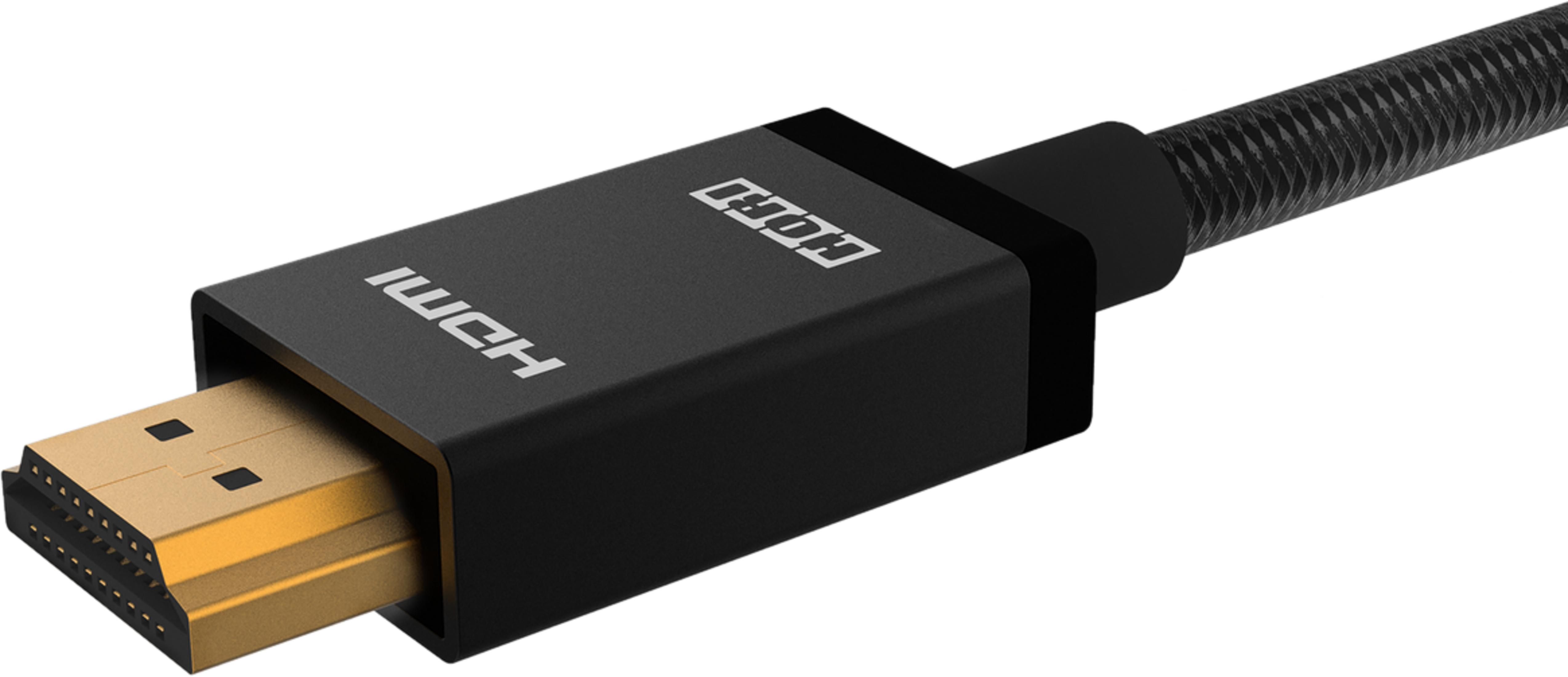 Ein schwarzes HDMI-Kabel mit goldenem Stecker und geflochtenem Kabel.