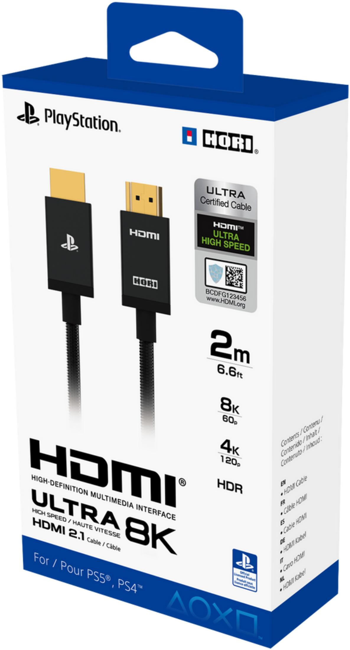 Verpackung eines Hori HDMI 2.1 Kabels für PS5/PS4 mit HDMI und PlayStation Logos.
