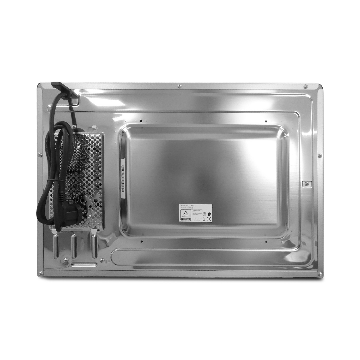 Metalowa tylna część kuchenki mikrofalowej z kablem i kratką wentylacyjną.