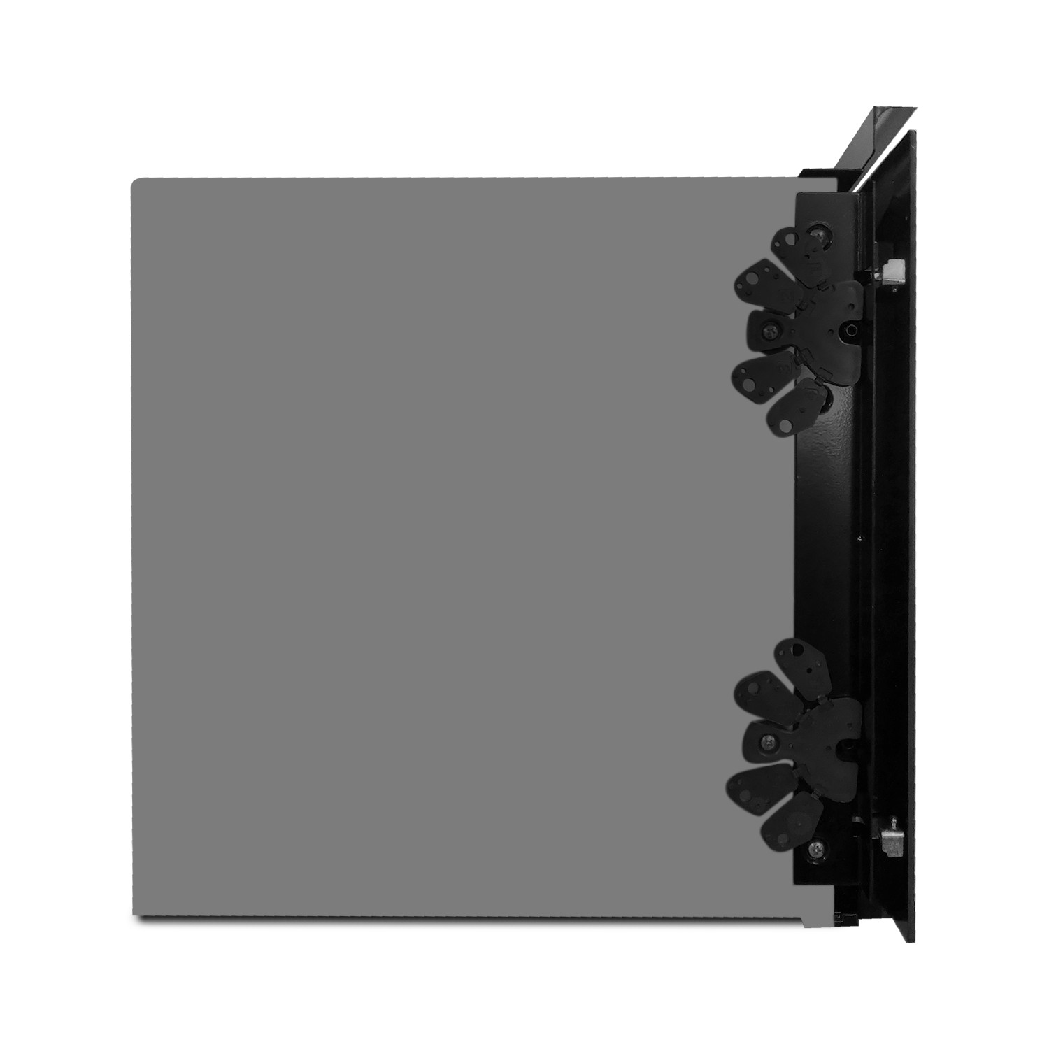 Szara płyta z czarnymi ramionami zawiasów po prawej stronie.