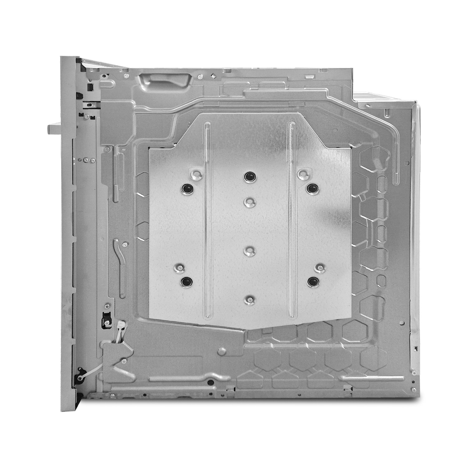 Rückseite eines silbernen Einbauofens mit Metallgehäuse und Schrauben.