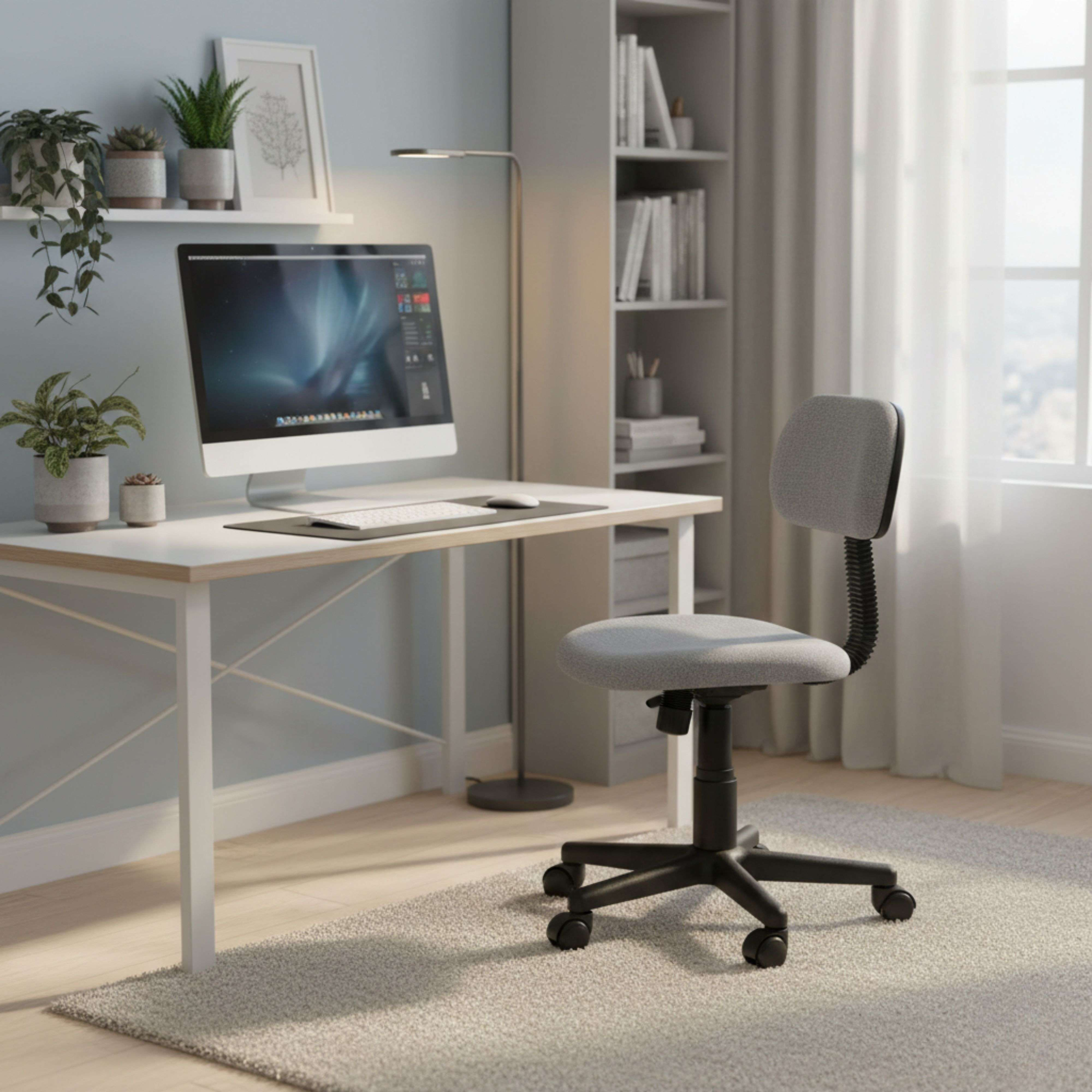 Un espacio de trabajo luminoso con escritorio, ordenador, plantas y silla de oficina.