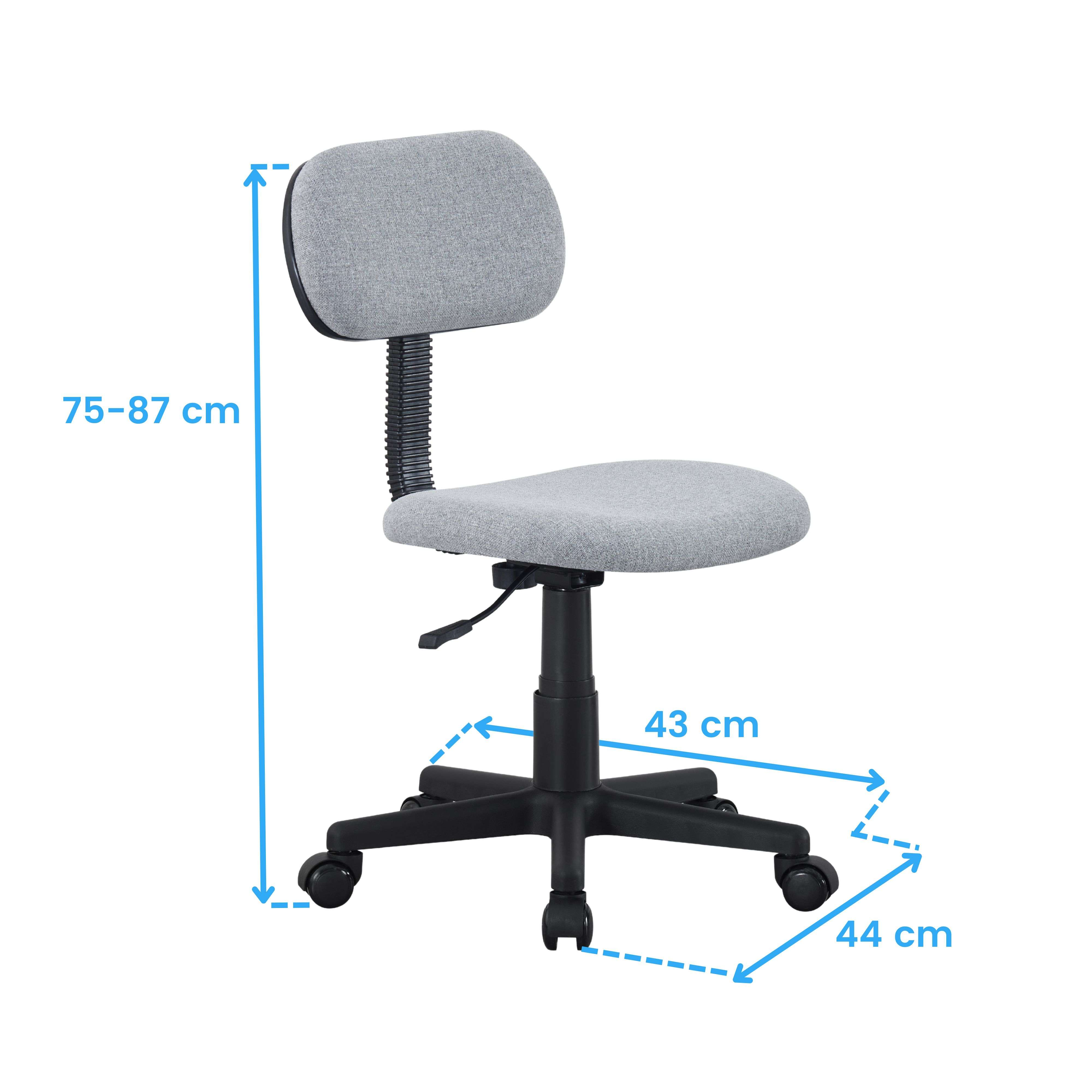 Silla de oficina gris con ruedas, ajuste de altura y dimensiones.