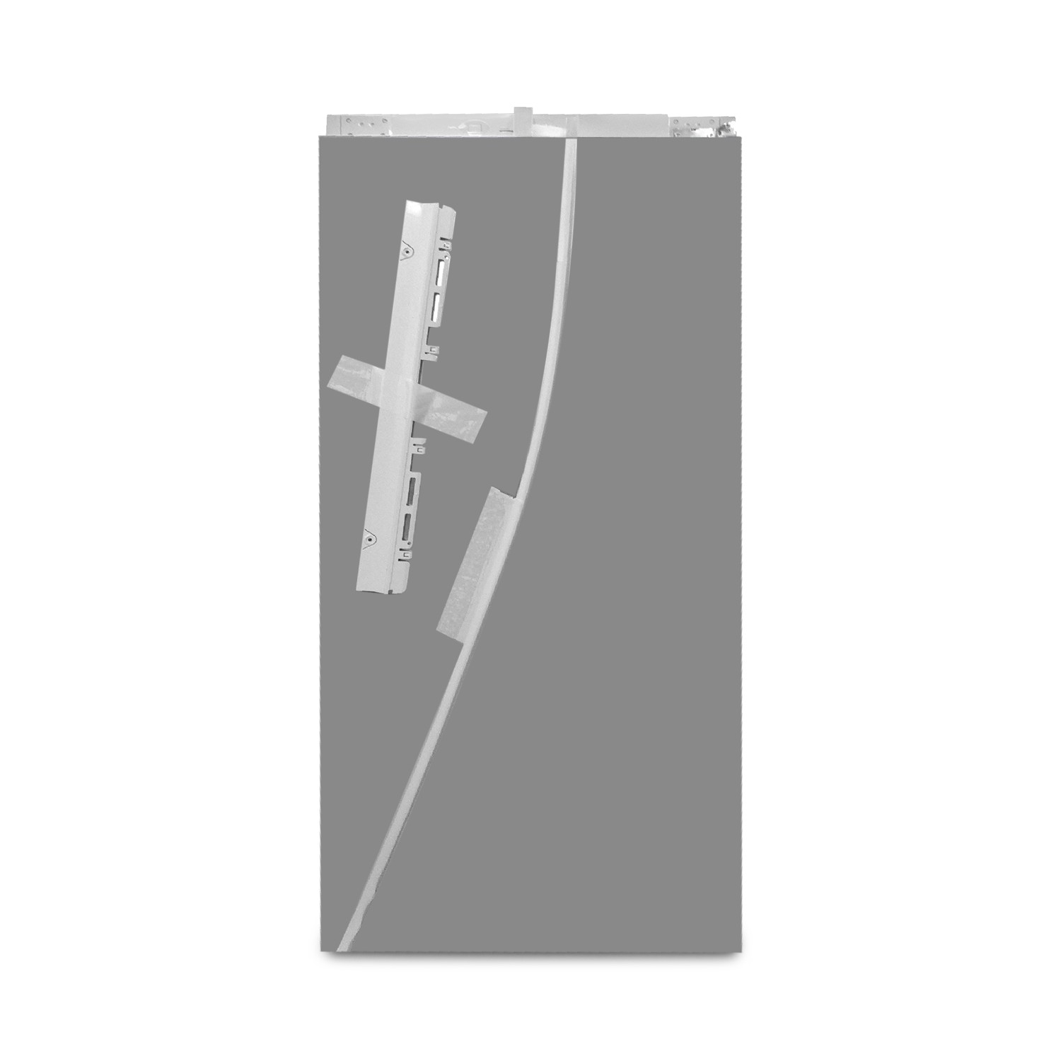 Gray refrigerator with silver handles and a white seal.