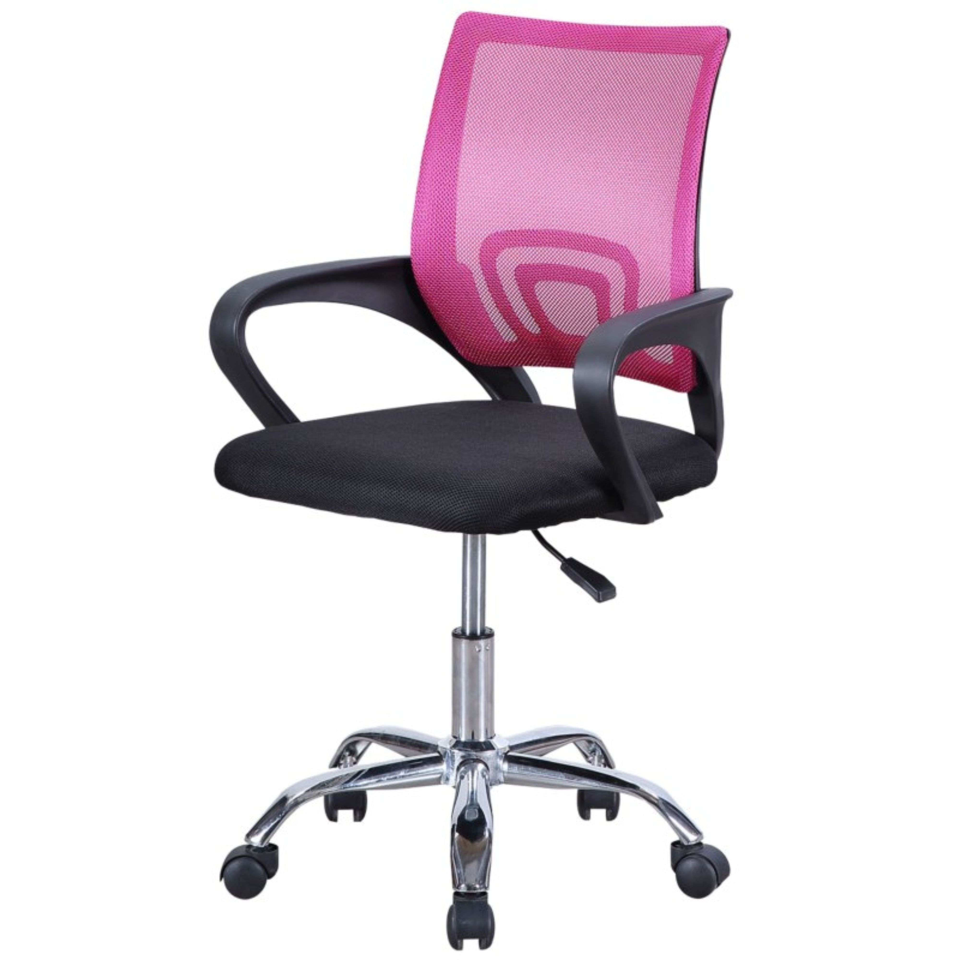 Una silla de oficina de malla rosa con asiento y reposabrazos negros sobre base cromada con ruedas.