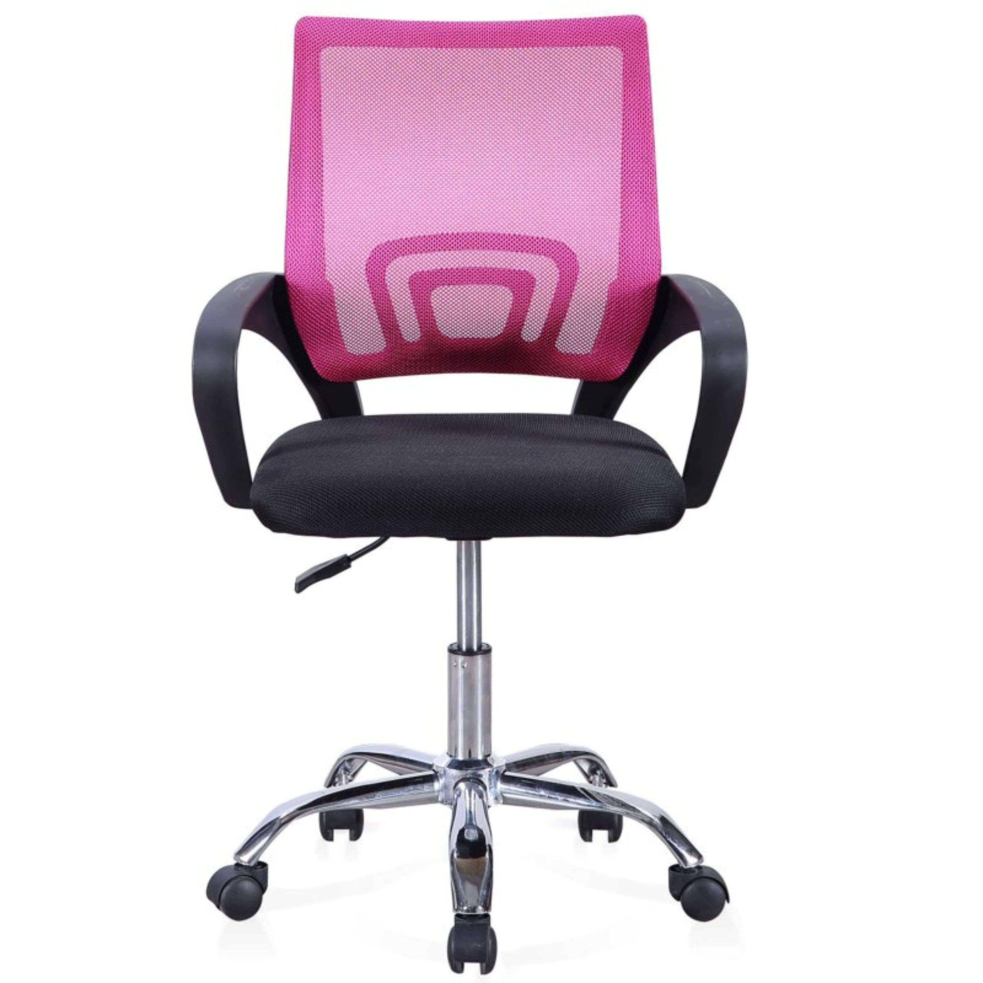 Silla de oficina negra con respaldo de malla rosa y base plateada con ruedas.