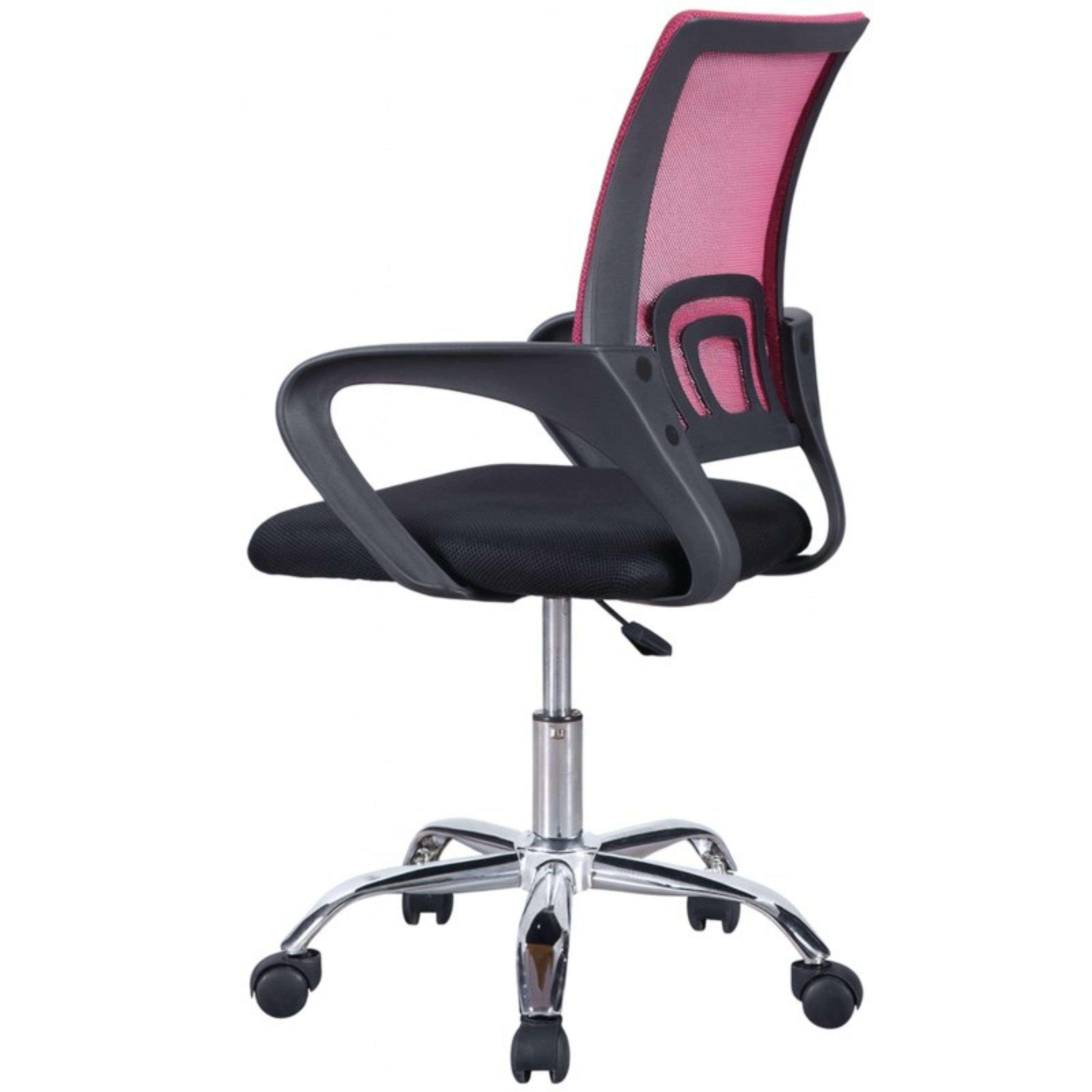 Una silla de oficina negra con respaldo de malla rosa y base plateada.