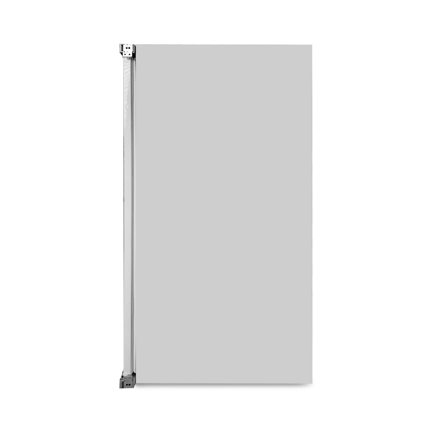 Ein graues, geschlossenes Kühl-/Gefrierschranktür-Panel mit Metallgriff.