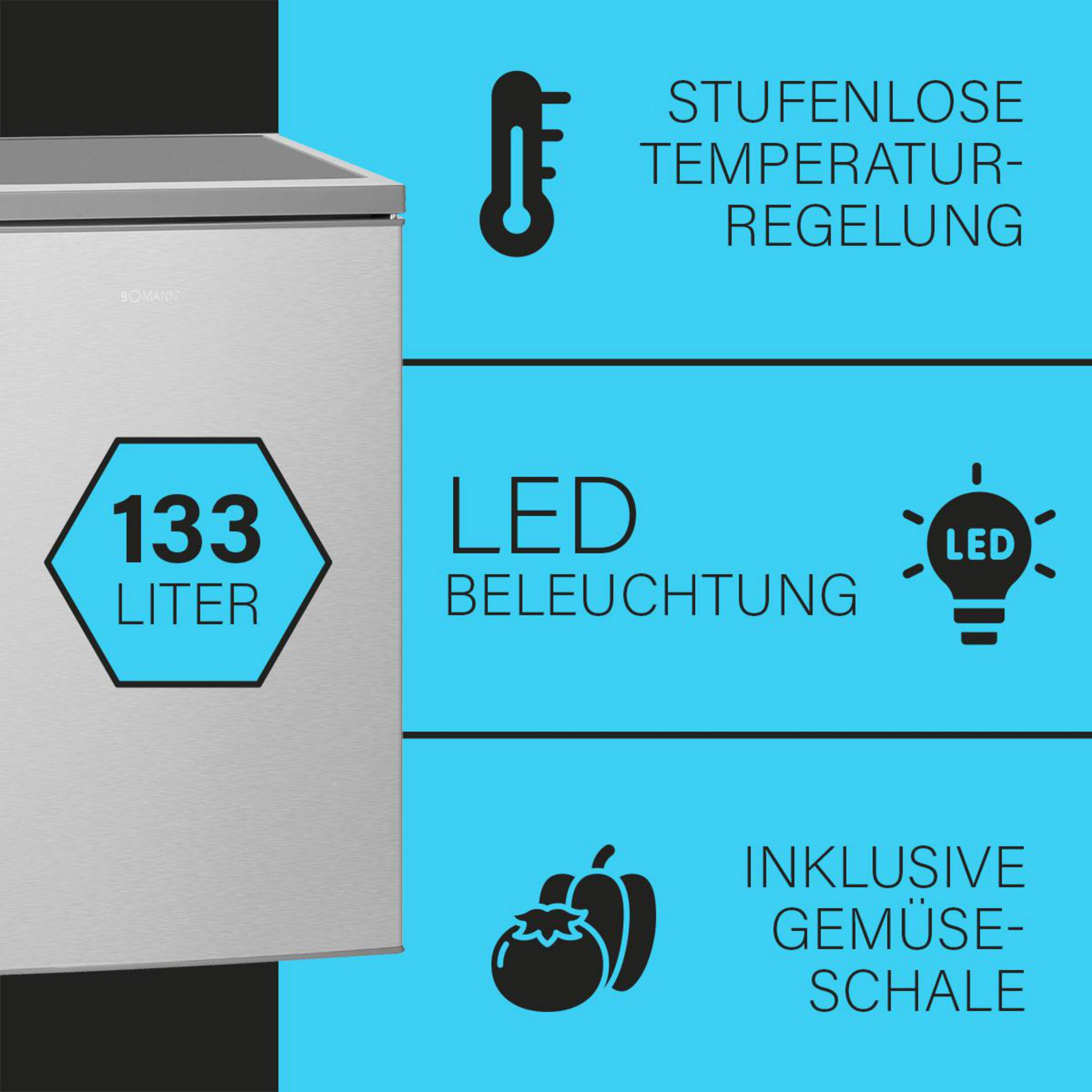 Gefrierschrank mit 133L, stufenloser Temperaturregelung, LED-Beleuchtung und Gemüseschale.