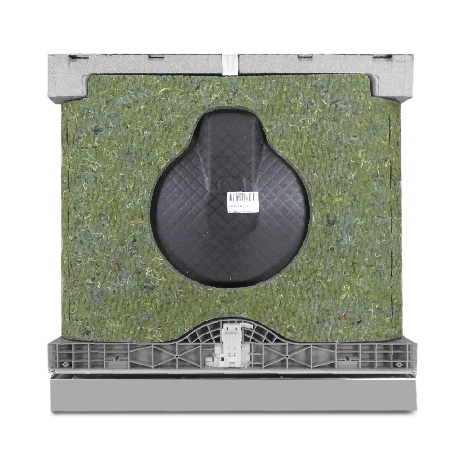 Szara izolacja u góry, zielony materiał filcowy z czarnym okręgiem, szary plastik na dole.