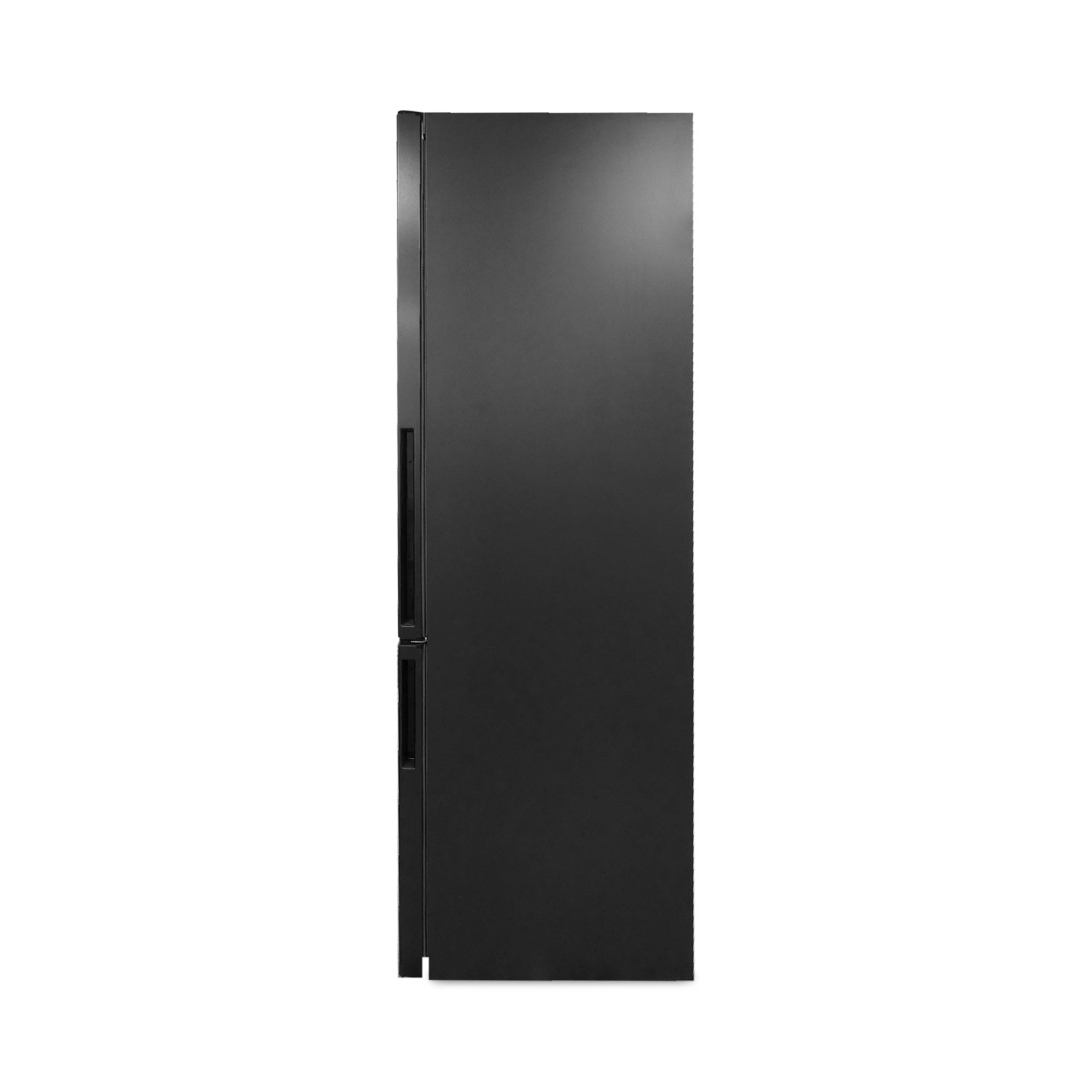 Ein schwarzer Kühlschrank mit zwei Türen, seitlich fotografiert.