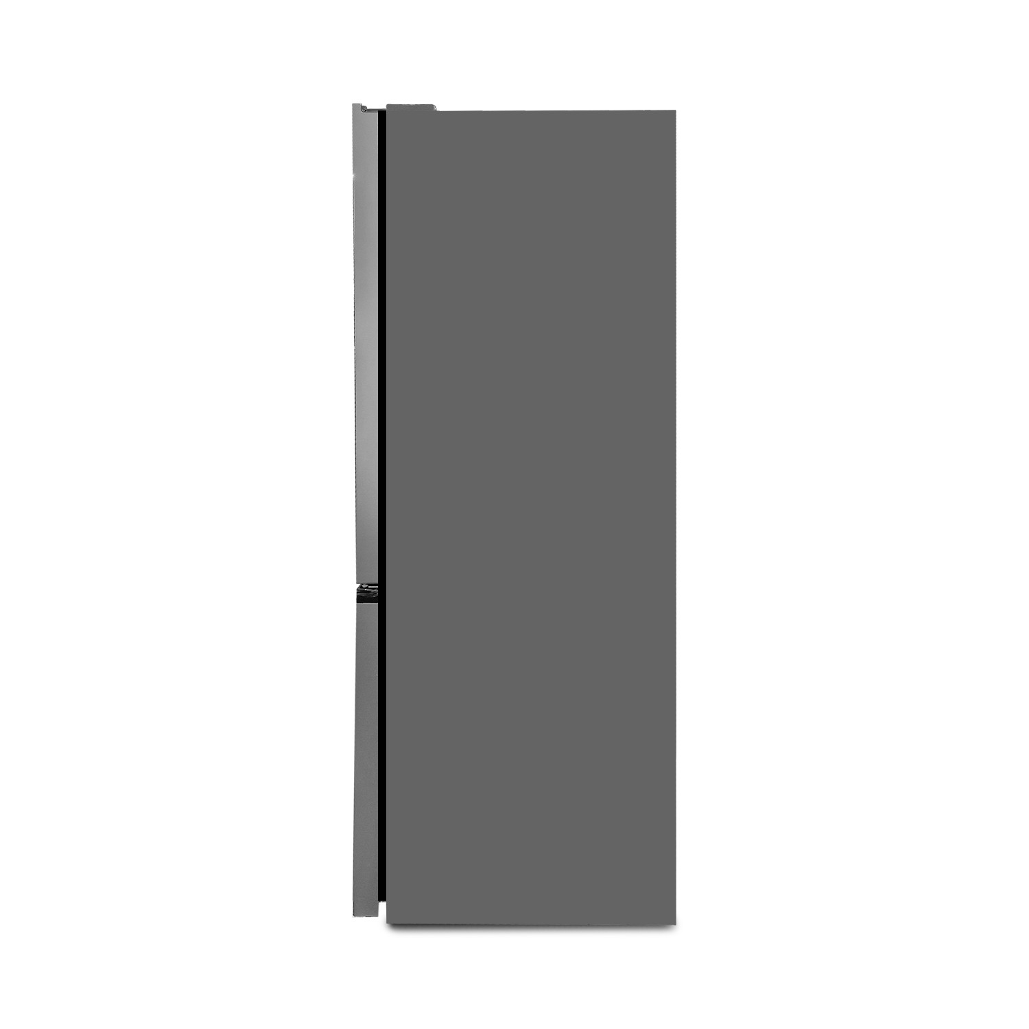 Refrigerador gris visto de lado, mostrando las asas.