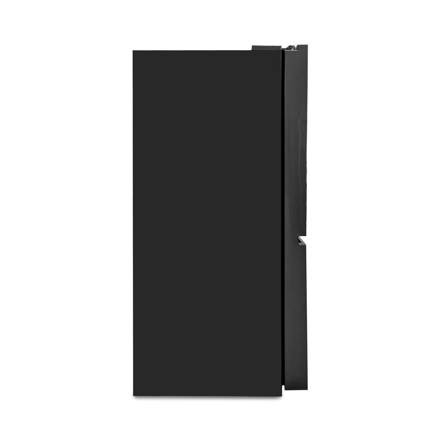 Eine schwarze, rechteckige Kühlgefrierkombination, Seitenansicht.