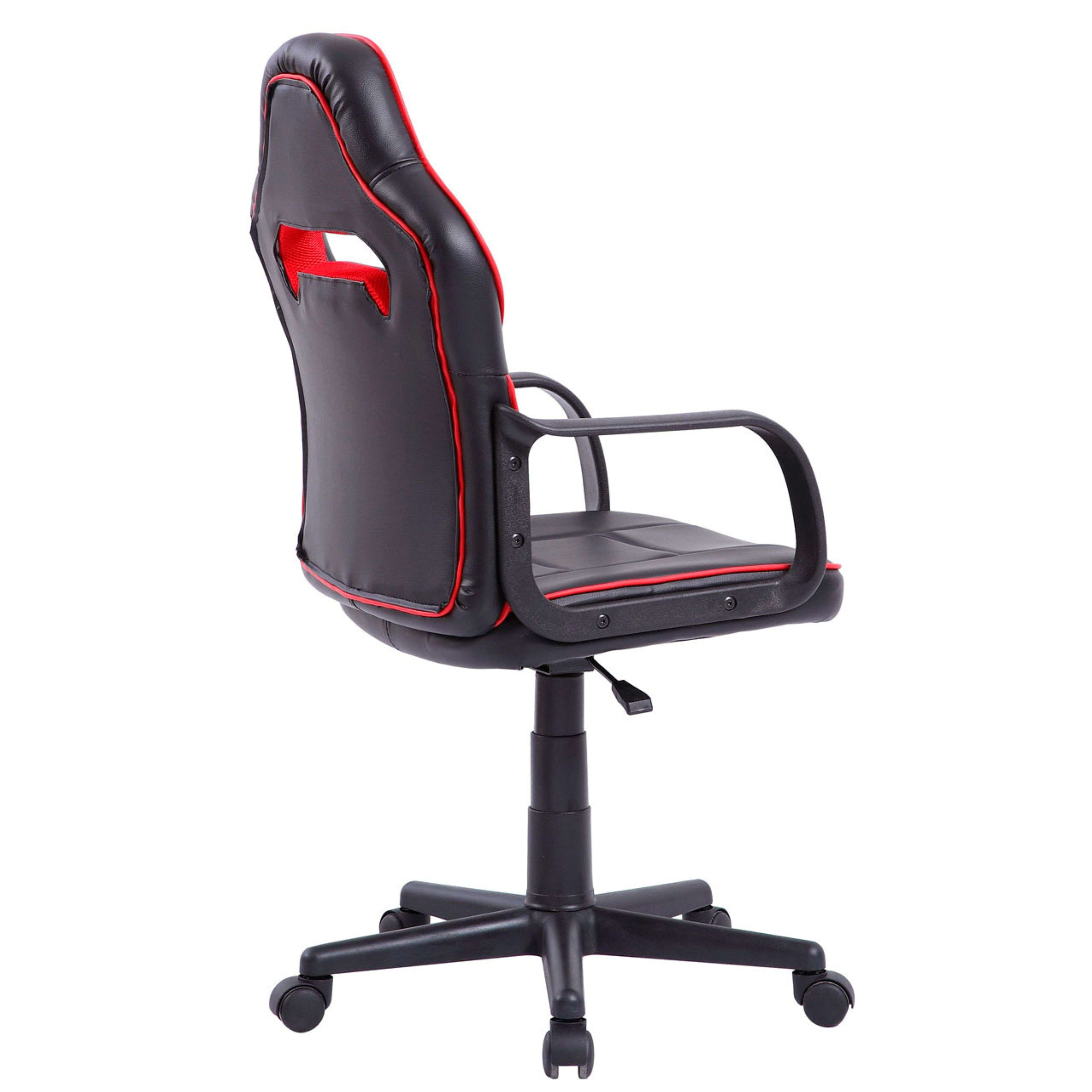 Silla de oficina negra con detalles rojos, vista de lado.
