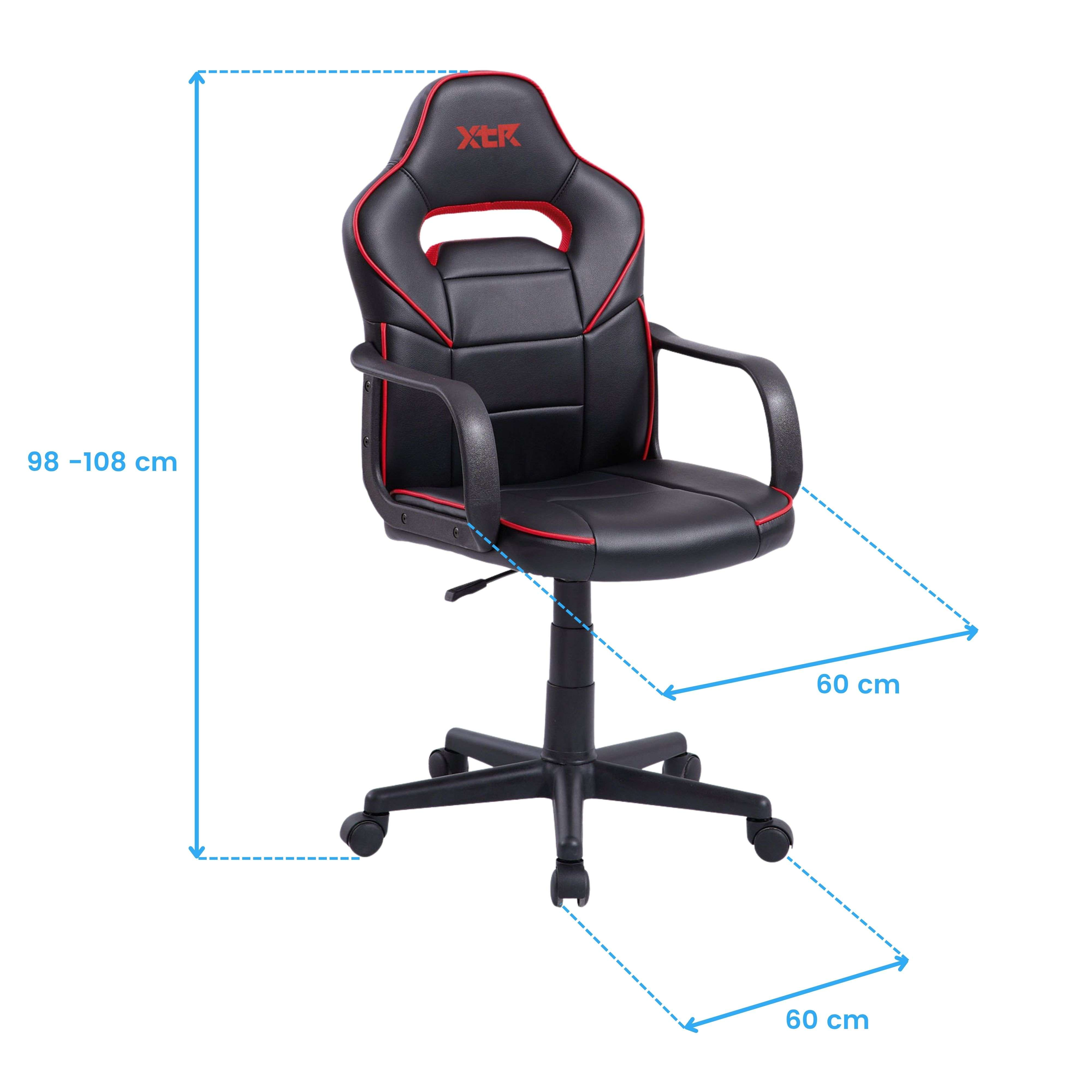 Silla gamer negra con ribetes rojos y líneas de dimensión.
