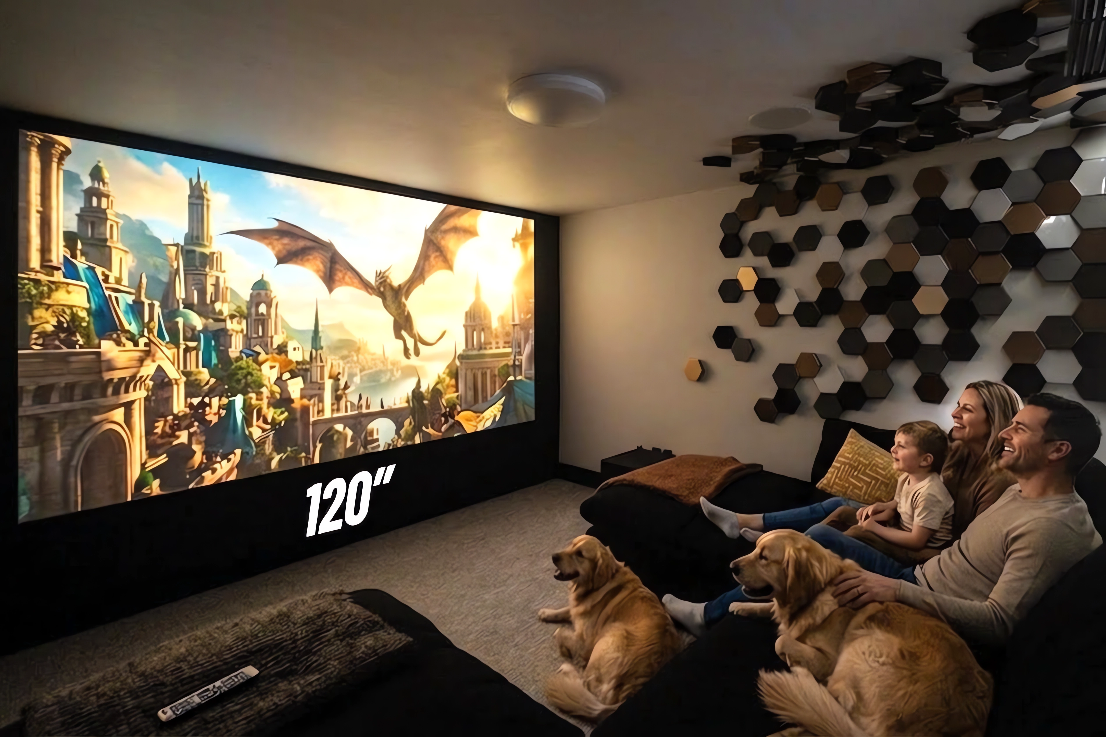 Familie und Hunde schauen einen Drachenfilm auf einem 120-Zoll-Bildschirm.