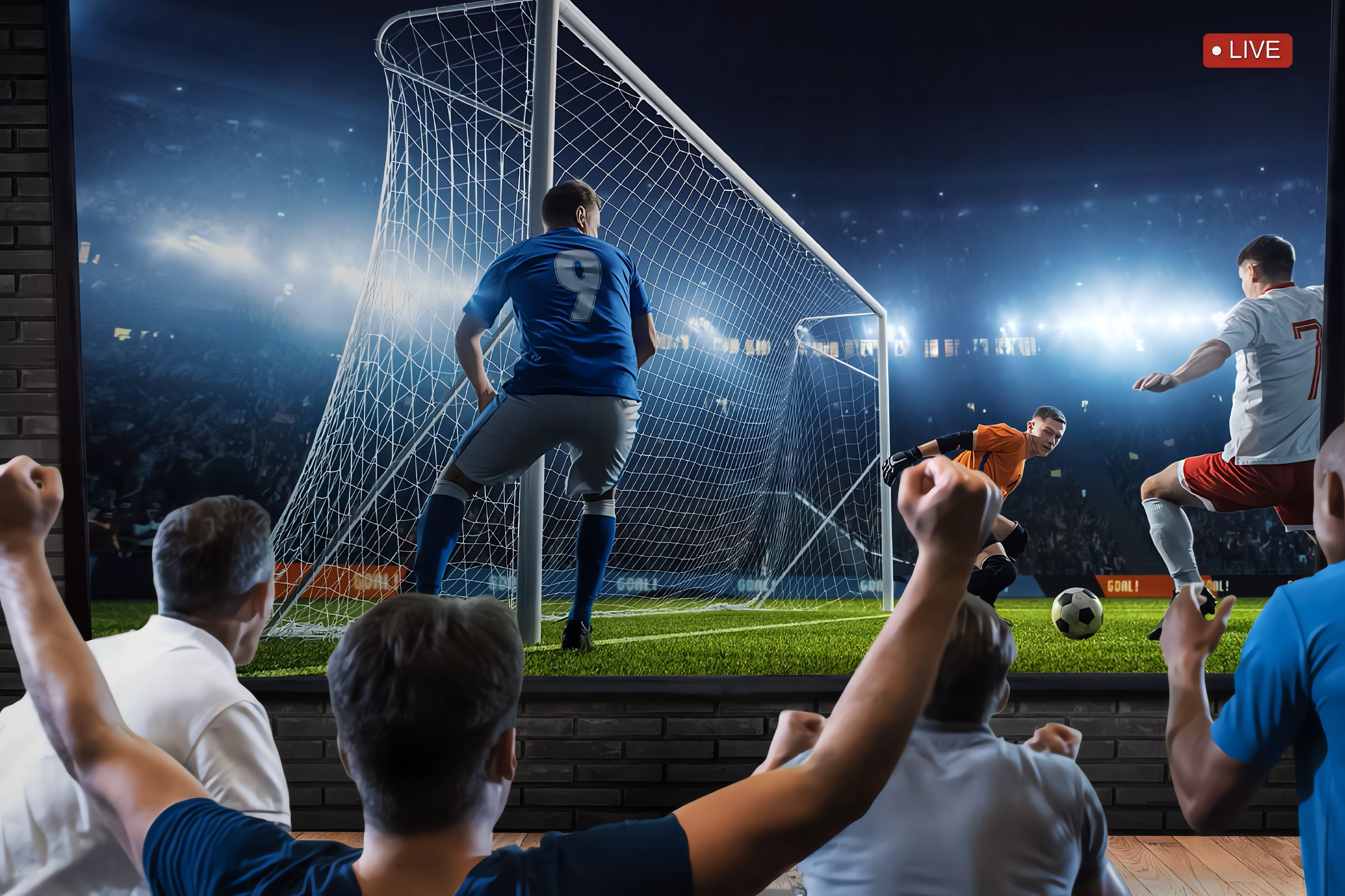 Fußballspiel auf einem großen Bildschirm, Fans jubeln, Torwart pariert.