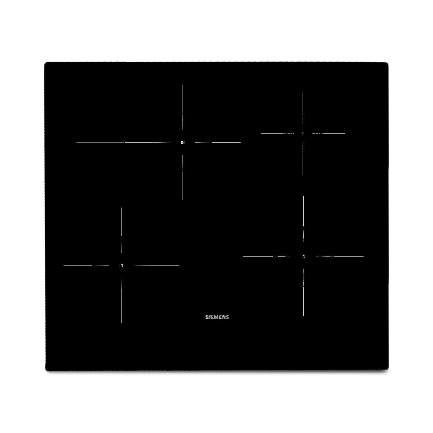 Schwarzes Induktionskochfeld mit vier Kochzonen und Siemens-Logo.
