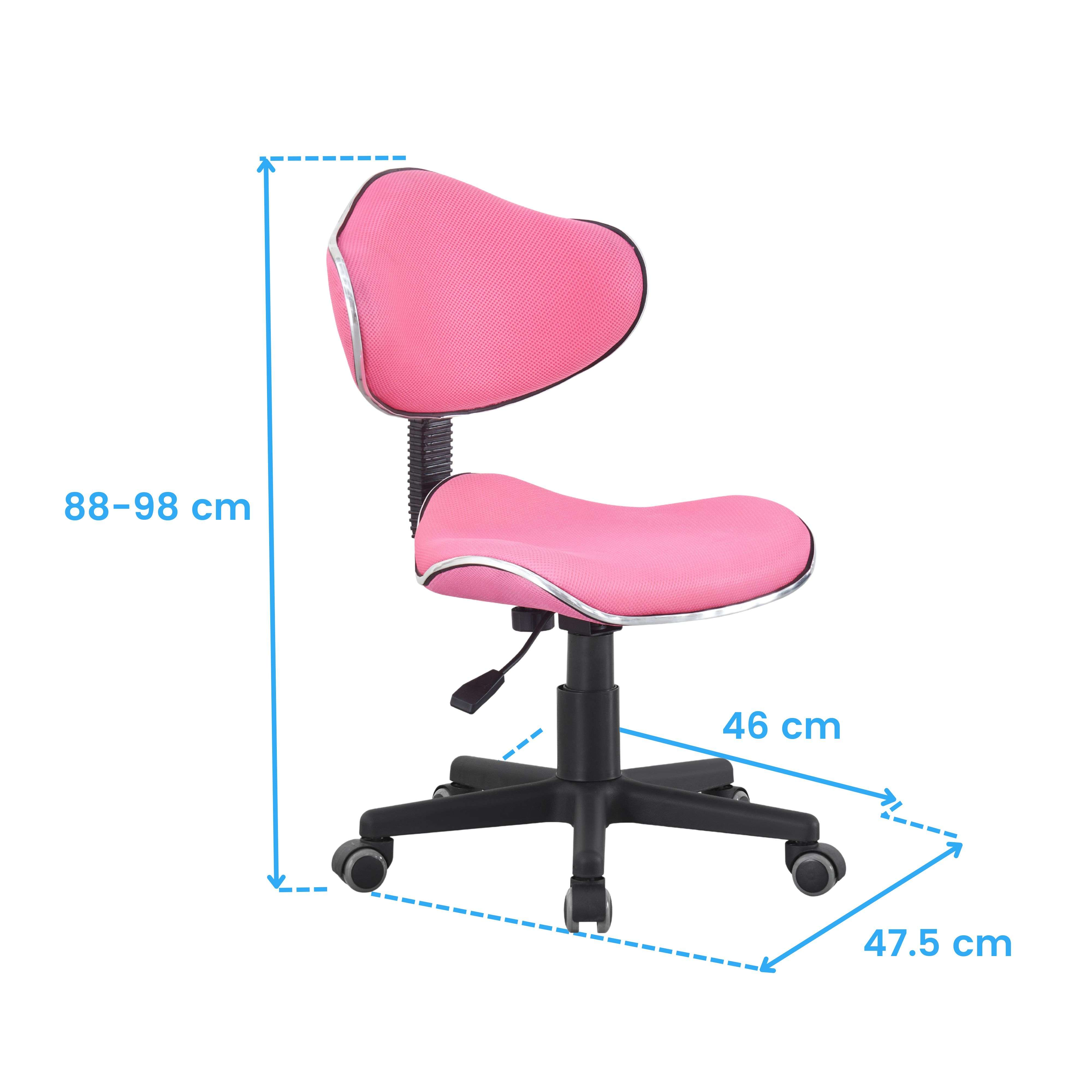 Una silla de oficina rosa con ruedas, ajuste de altura y dimensiones.