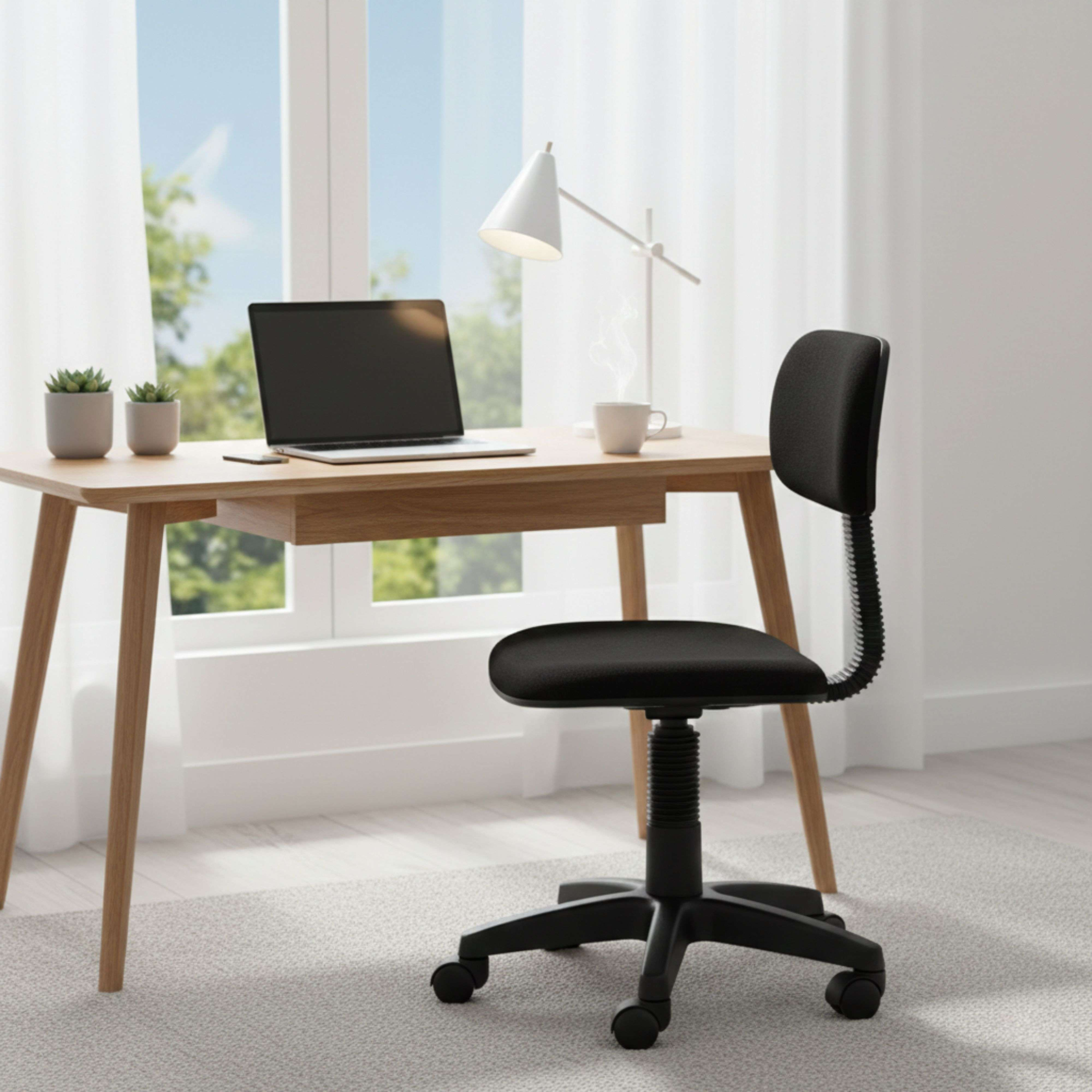 Una silla de oficina negra frente a un escritorio de madera con laptop y café.
