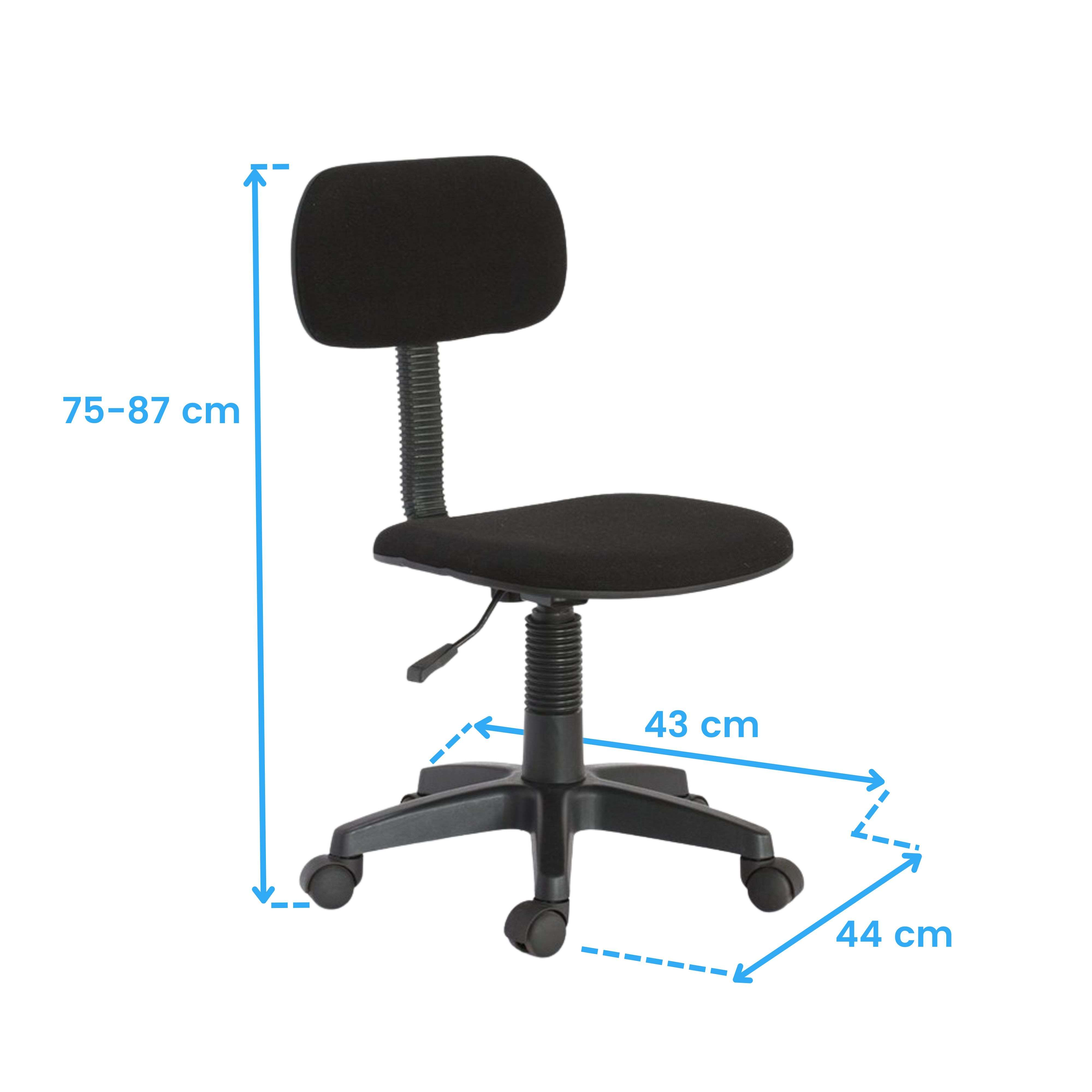Silla de oficina negra con ruedas, altura 75-87 cm, ancho 43 cm, profundidad 44 cm.