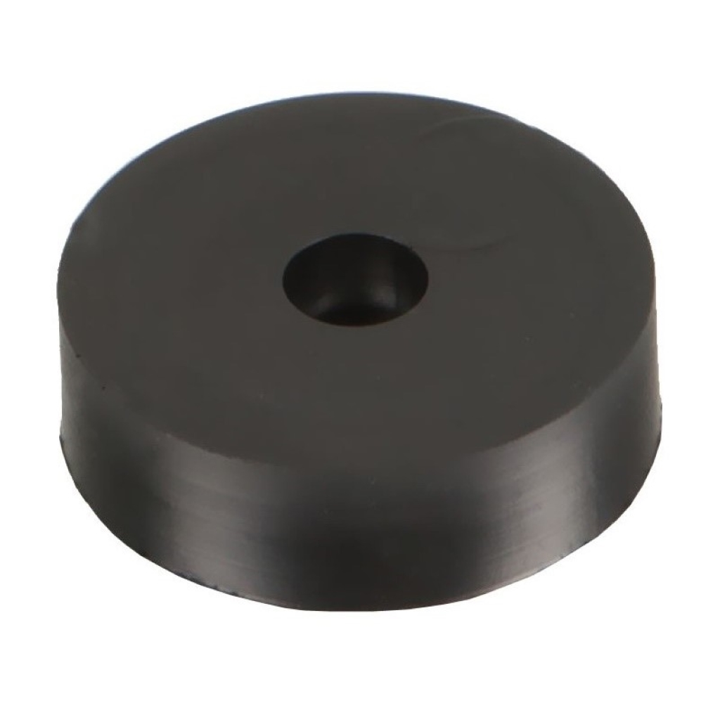 Czarna podkładka gumowa z otworem pośrodku, na białym tle.