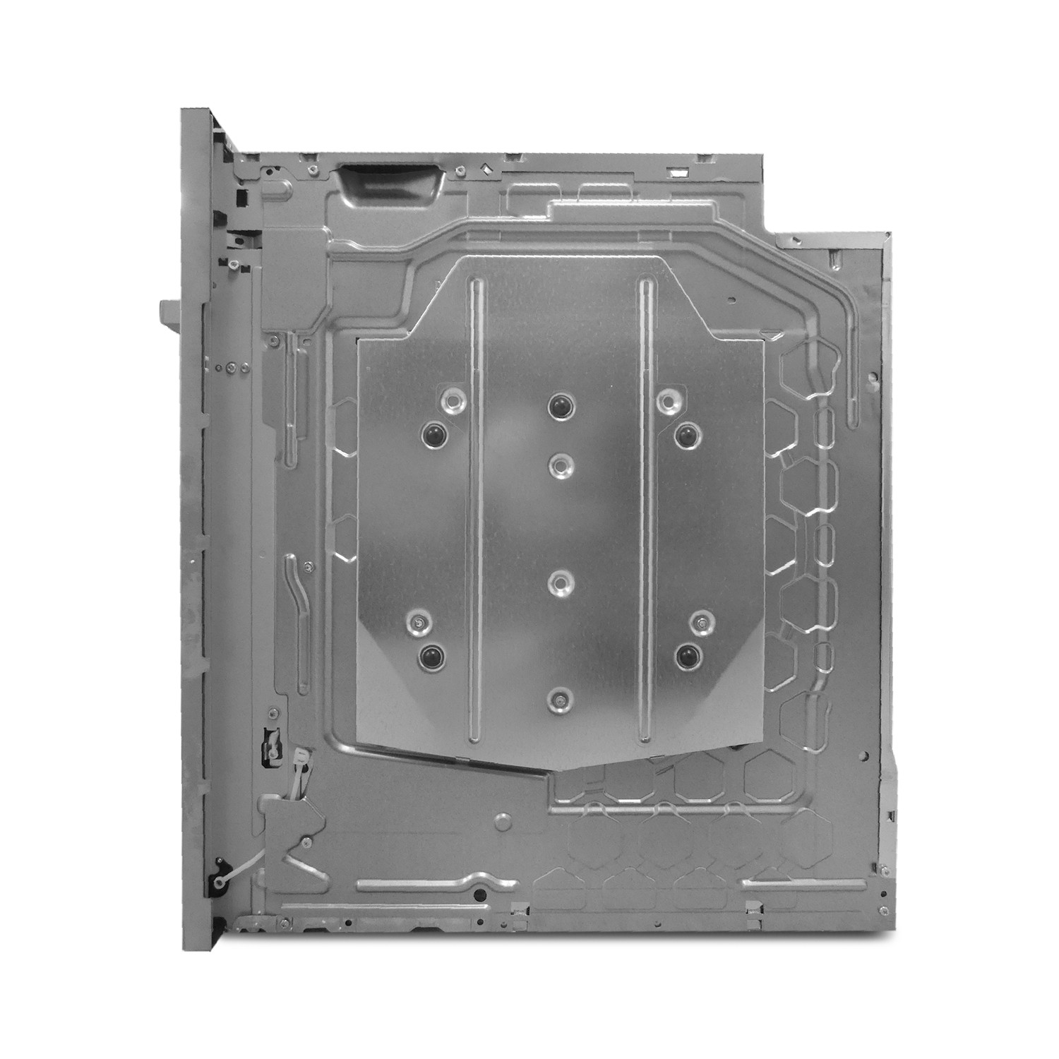 Rückansicht eines silbernen Geräts mit Metallplatten und Schrauben.