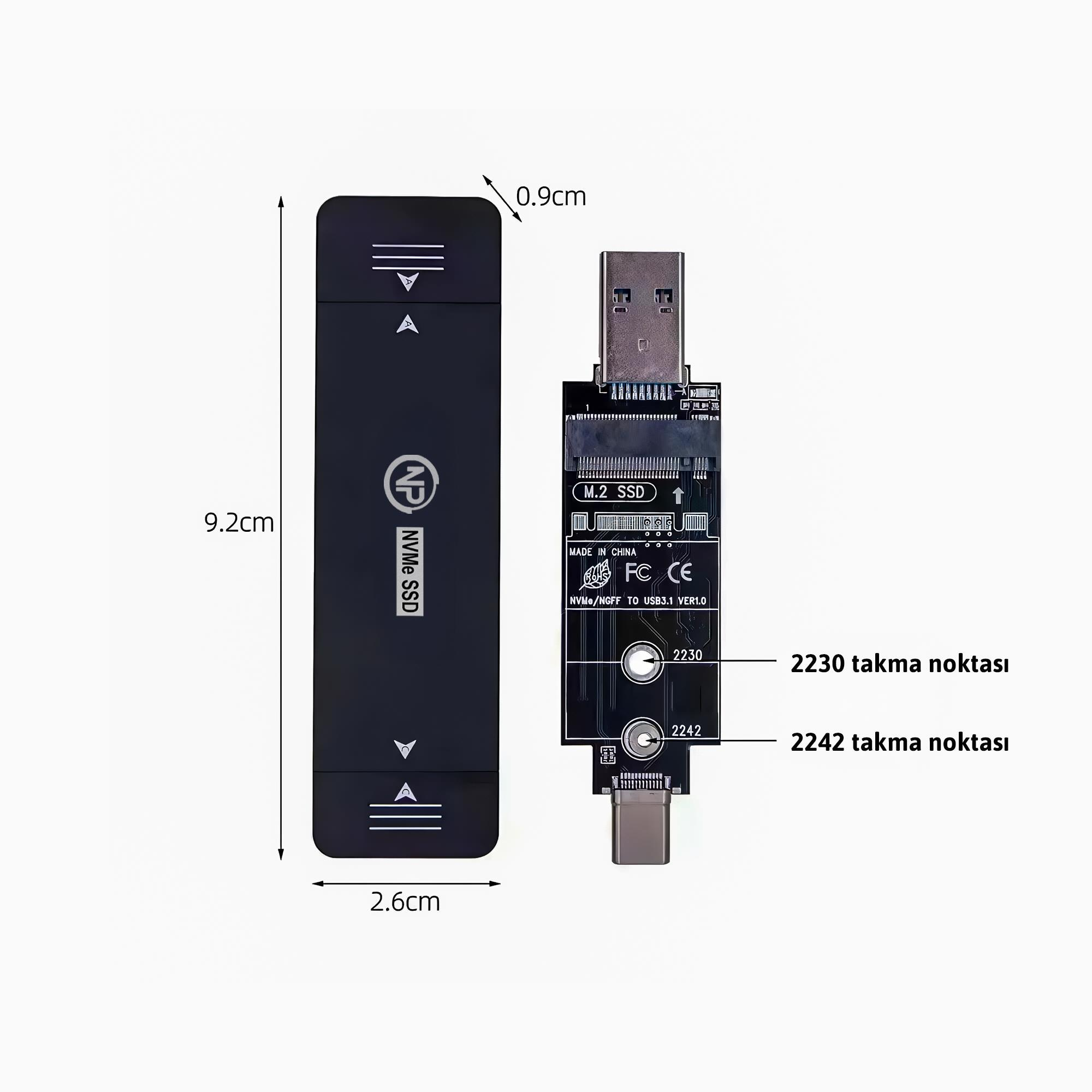 Siyah NVMe SSD kasası ve ölçüleri olan M.2 - USB adaptörü.