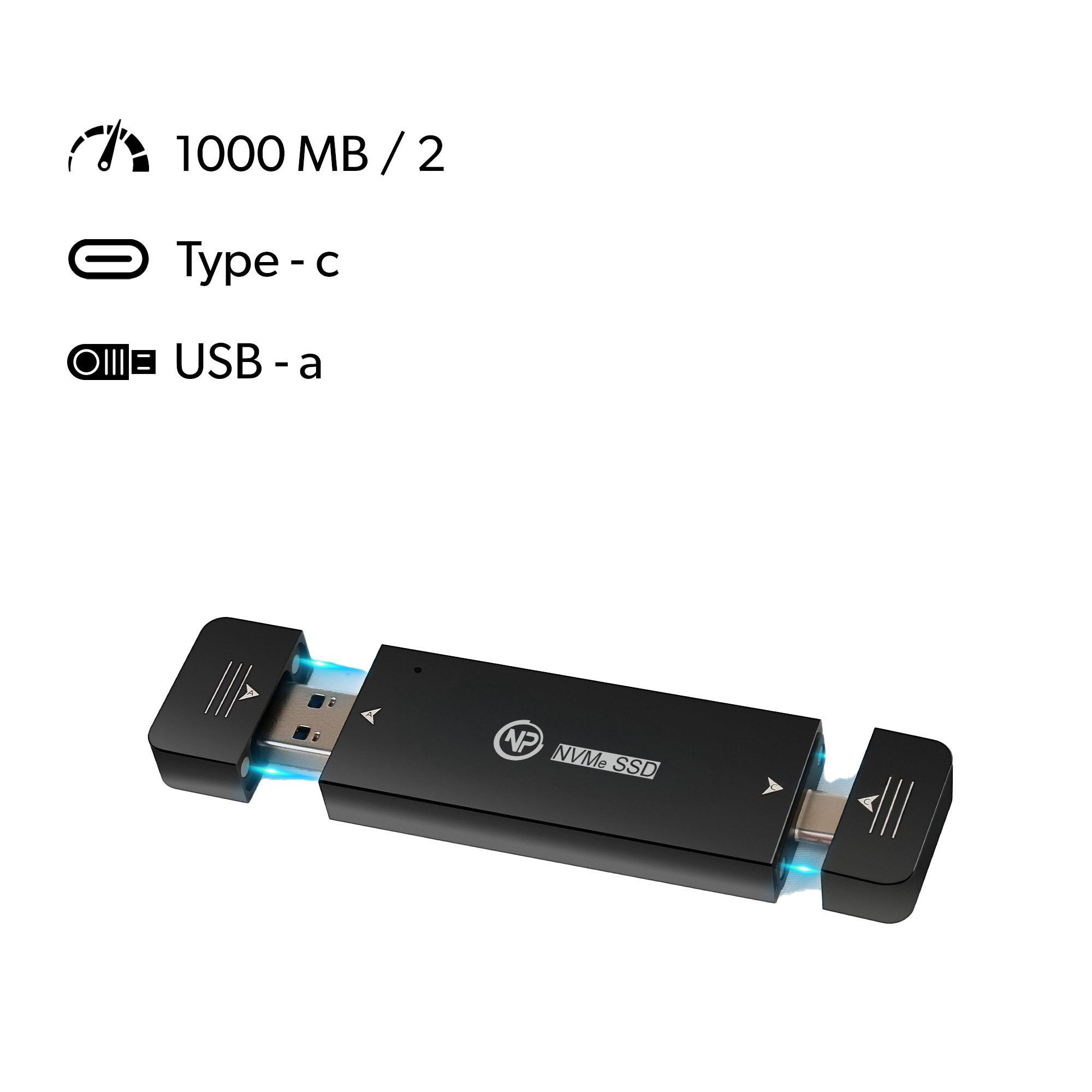 Siyah NVMe SSD adaptörü, Type-C ve USB-A bağlantı noktaları, 1000 MB/s.