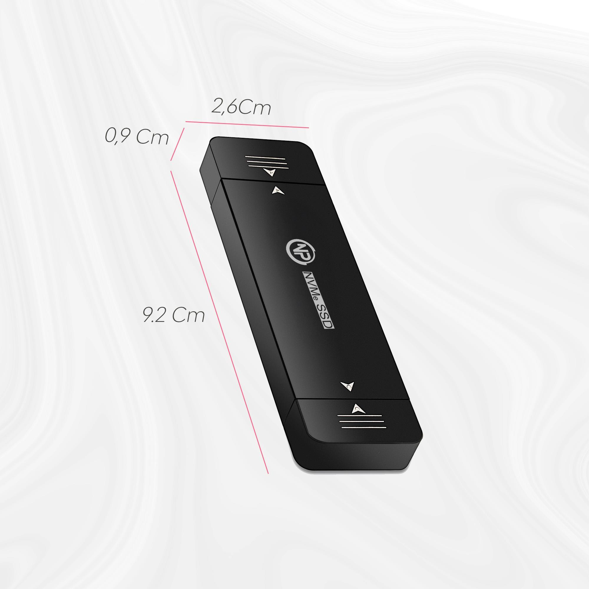 Siyah NVMe SSD kasası, boyutları 9,2 x 2,6 x 0,9 cm.