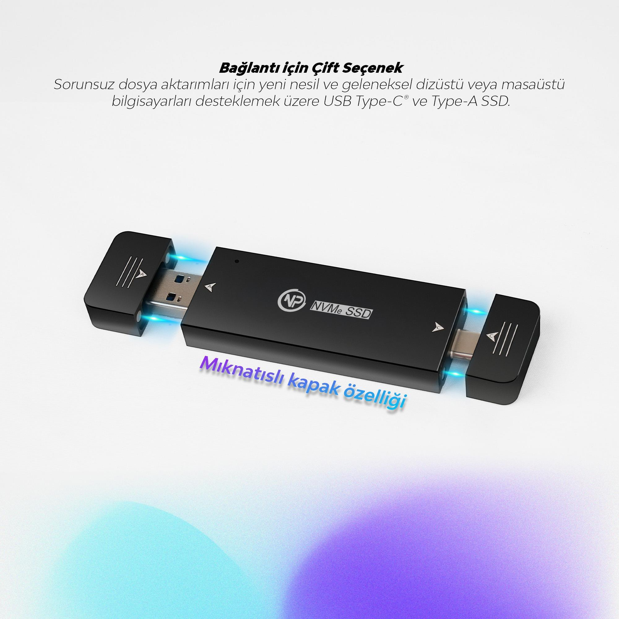 Mıknatıslı kapaklı ve USB-C/A konnektörlü siyah NVMe SSD kutusu.